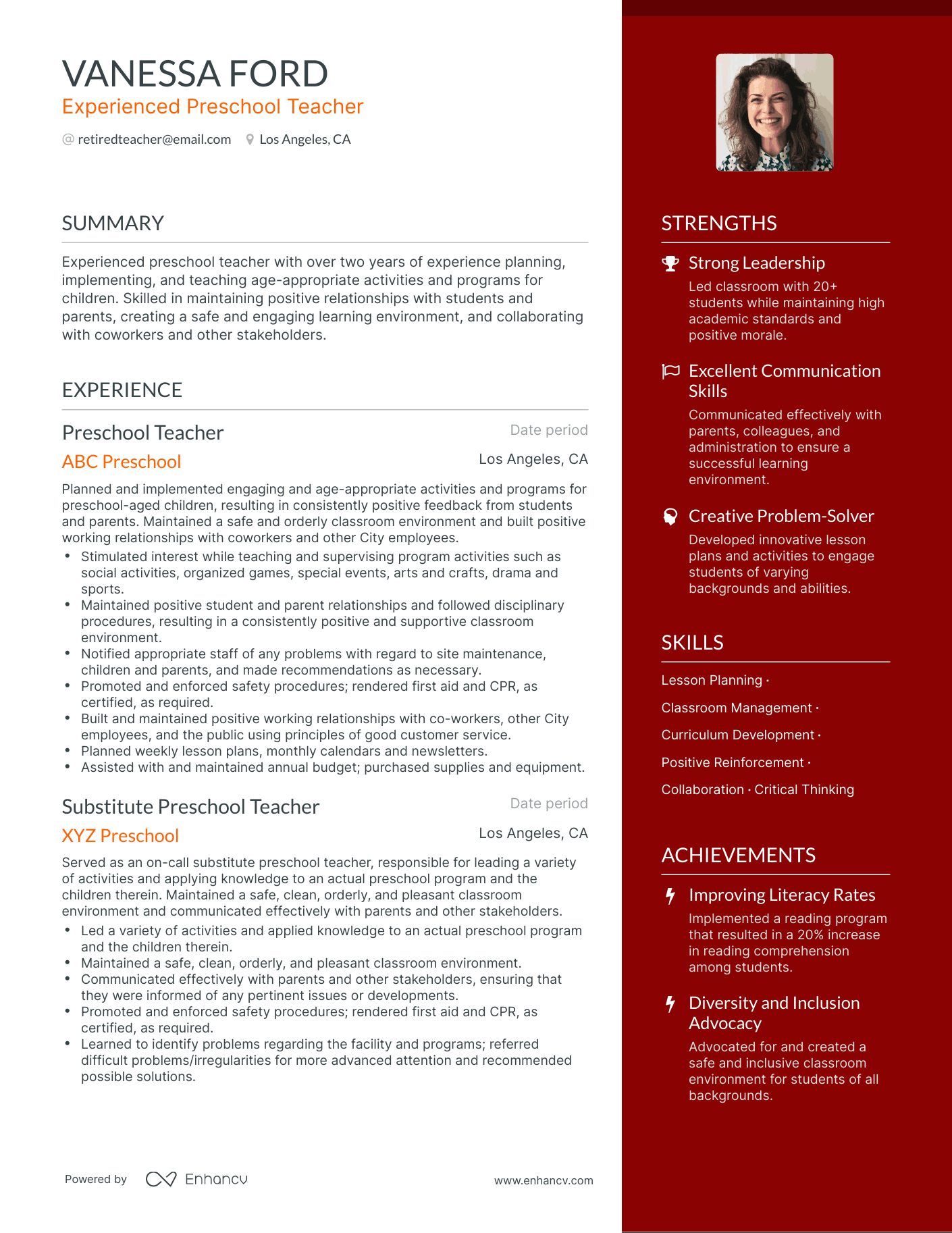 One Page Retired Teacher Resume Template