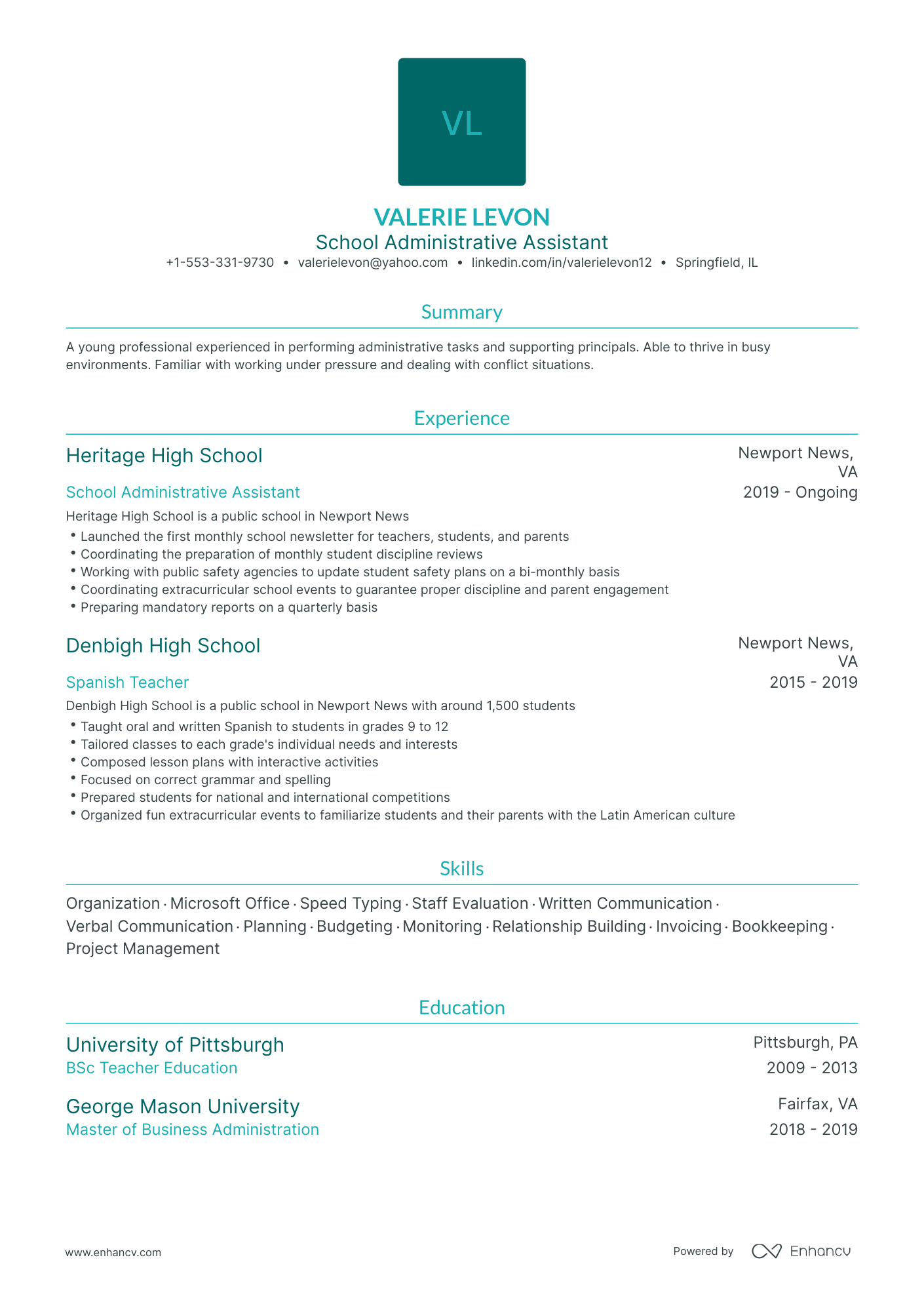 Traditional School Administrative Assistant Resume Template