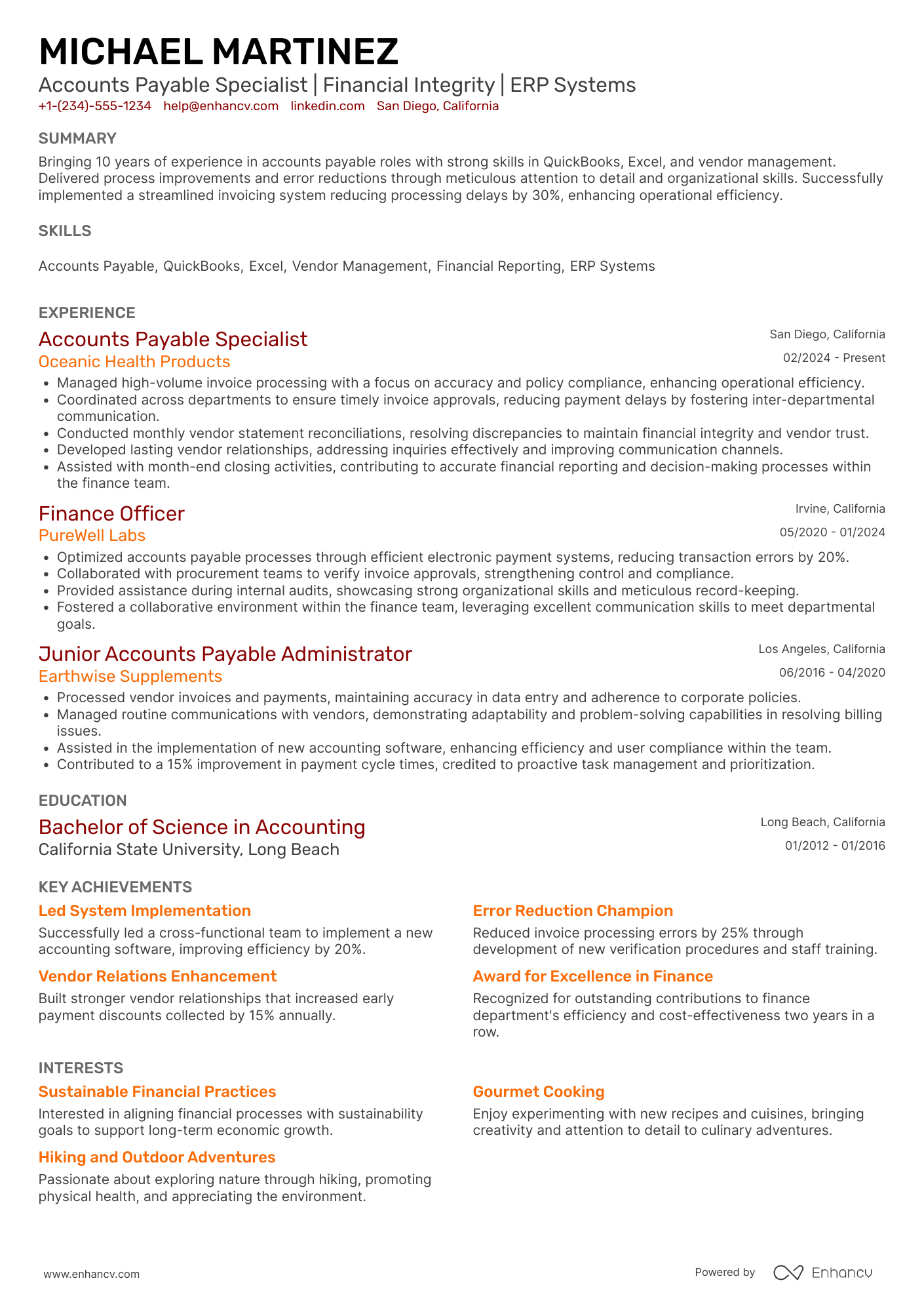A resume example of a Accounts Payable Officer