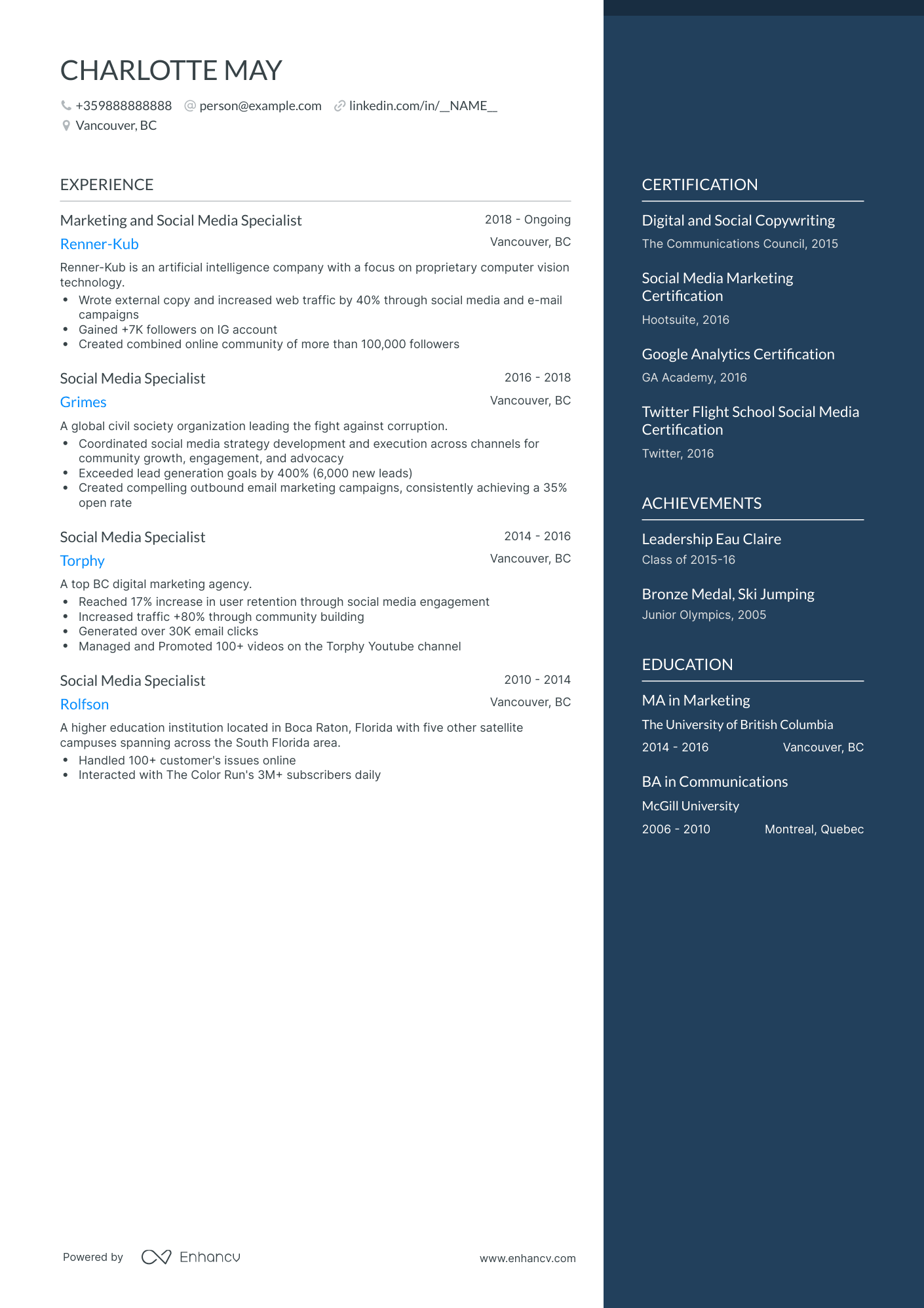 One Page Social Media Marketing Resume Template