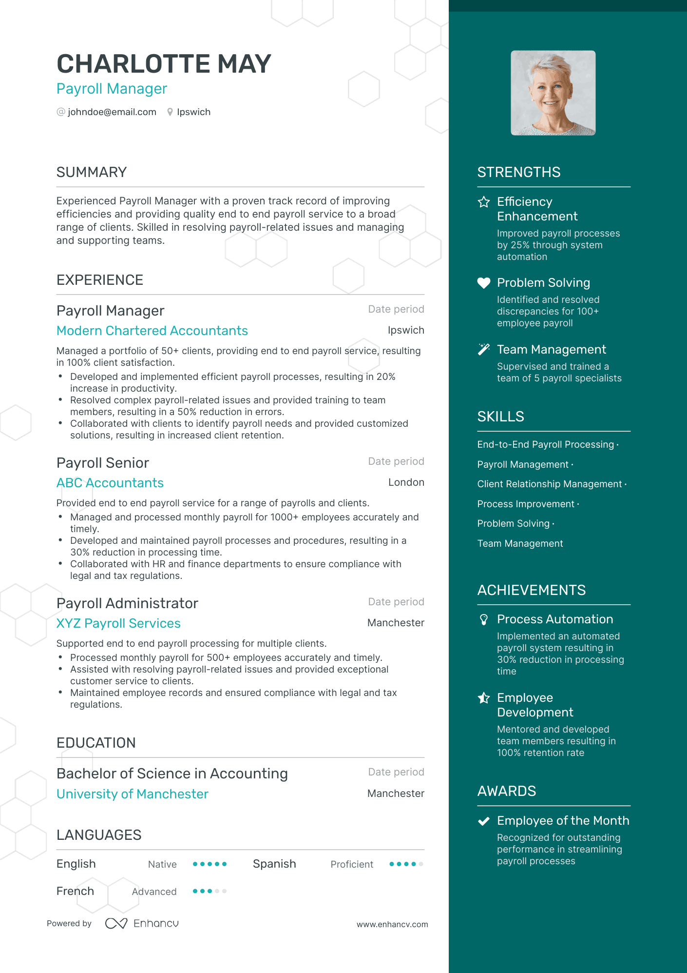 One Page Payroll Manager Resume Template
