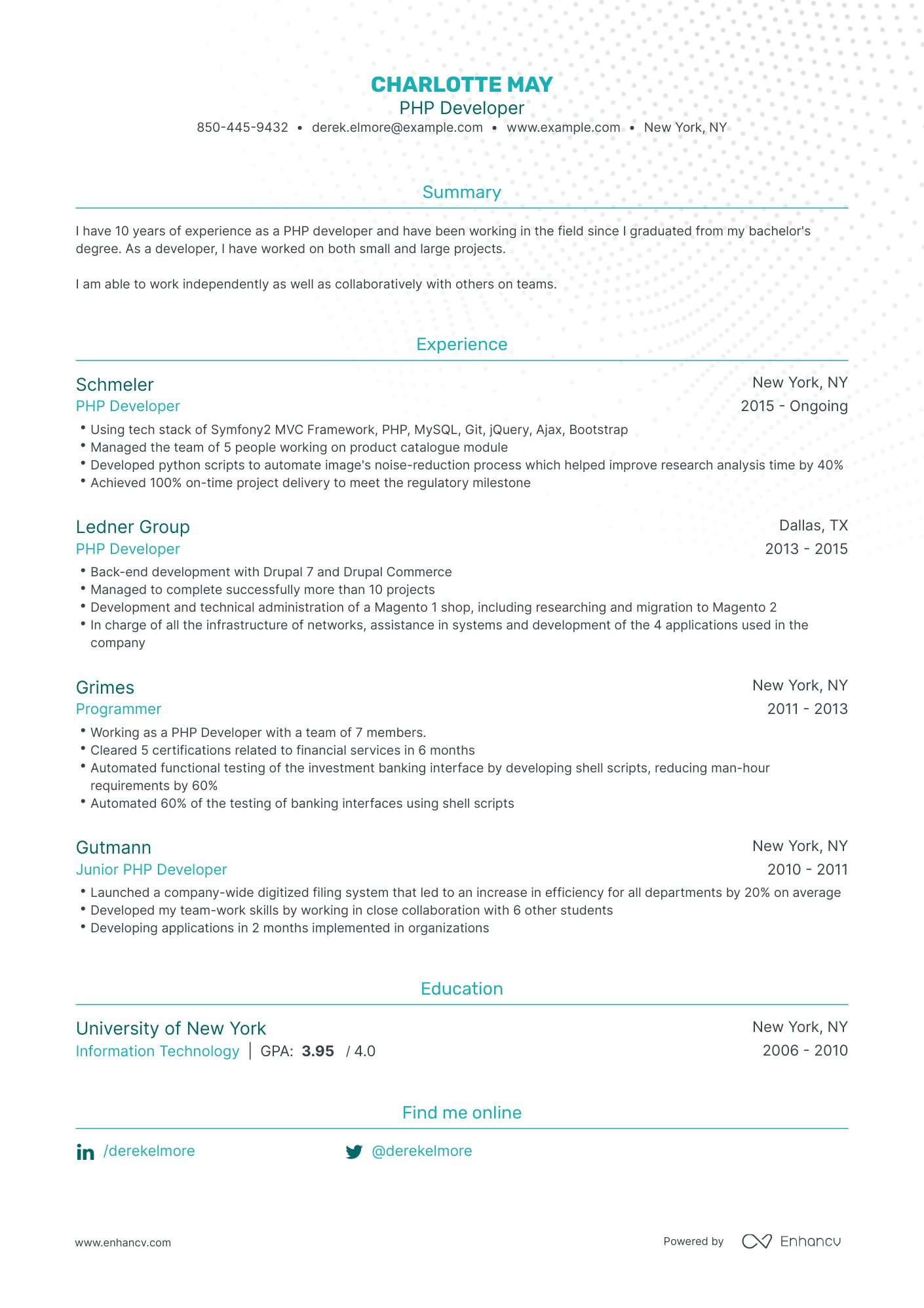 Traditional PHP Developer Resume Template