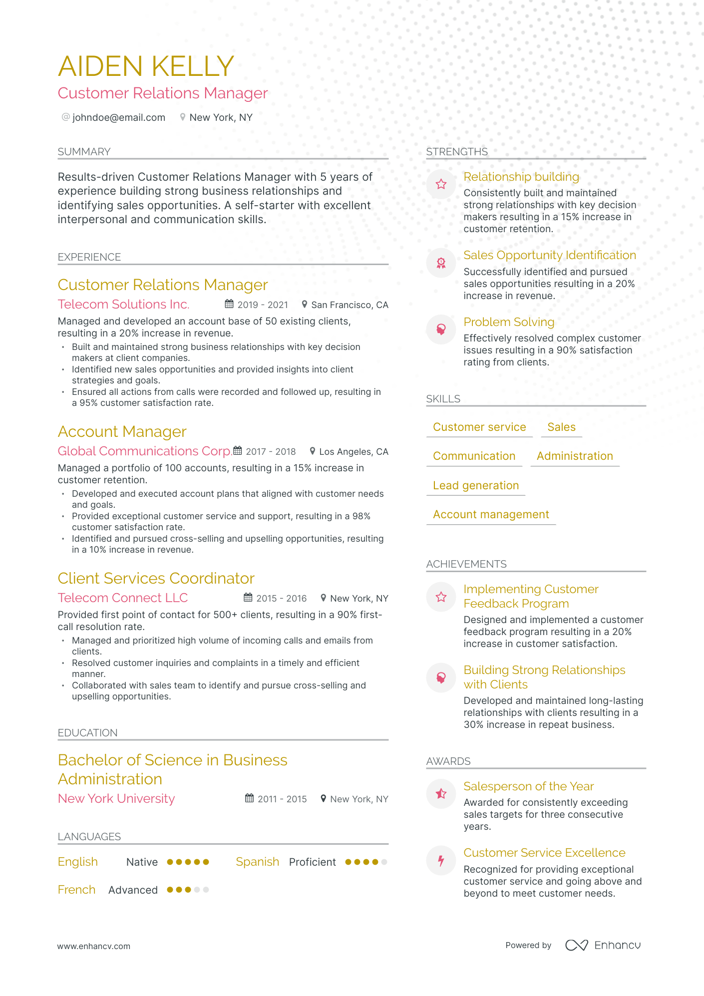Modern Customer Relations Manager Resume Template