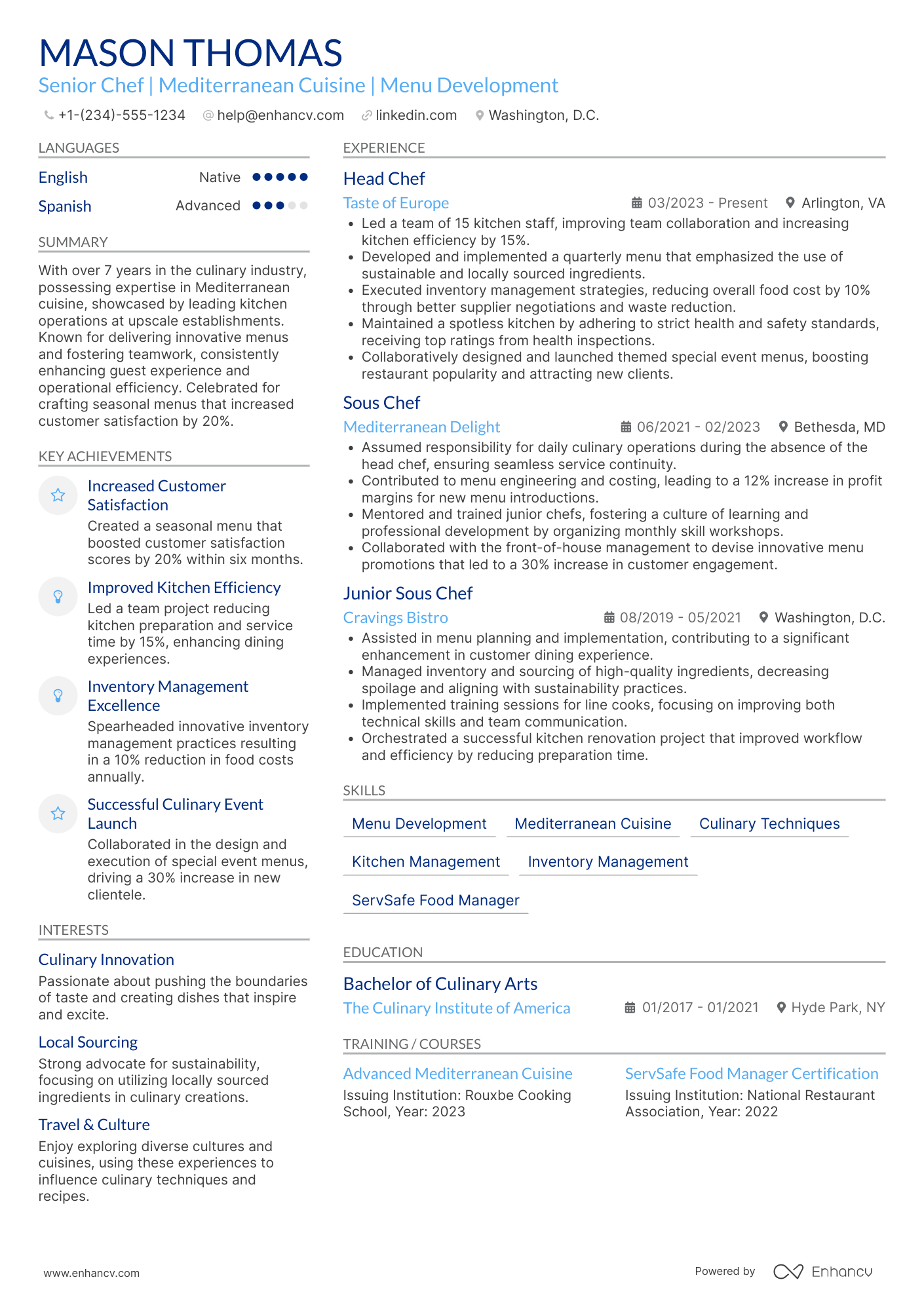 A resume example of a Senior Chef