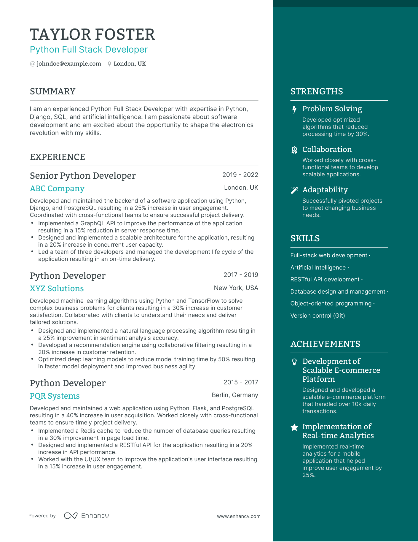 One Page Python Full Stack Developer Resume Template