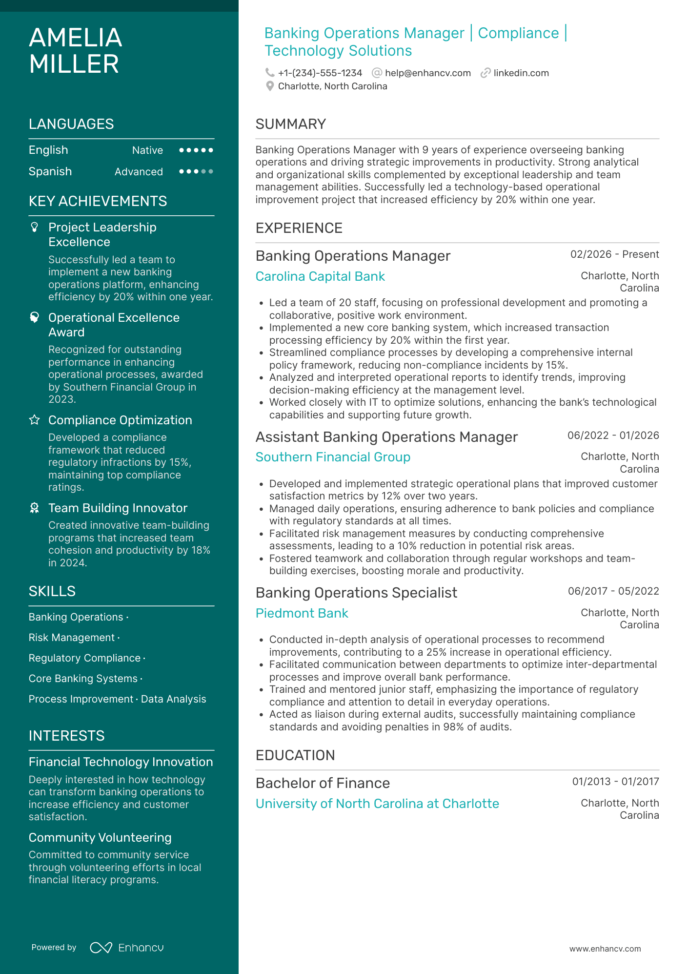 A resume example of a Banking Operations Manager