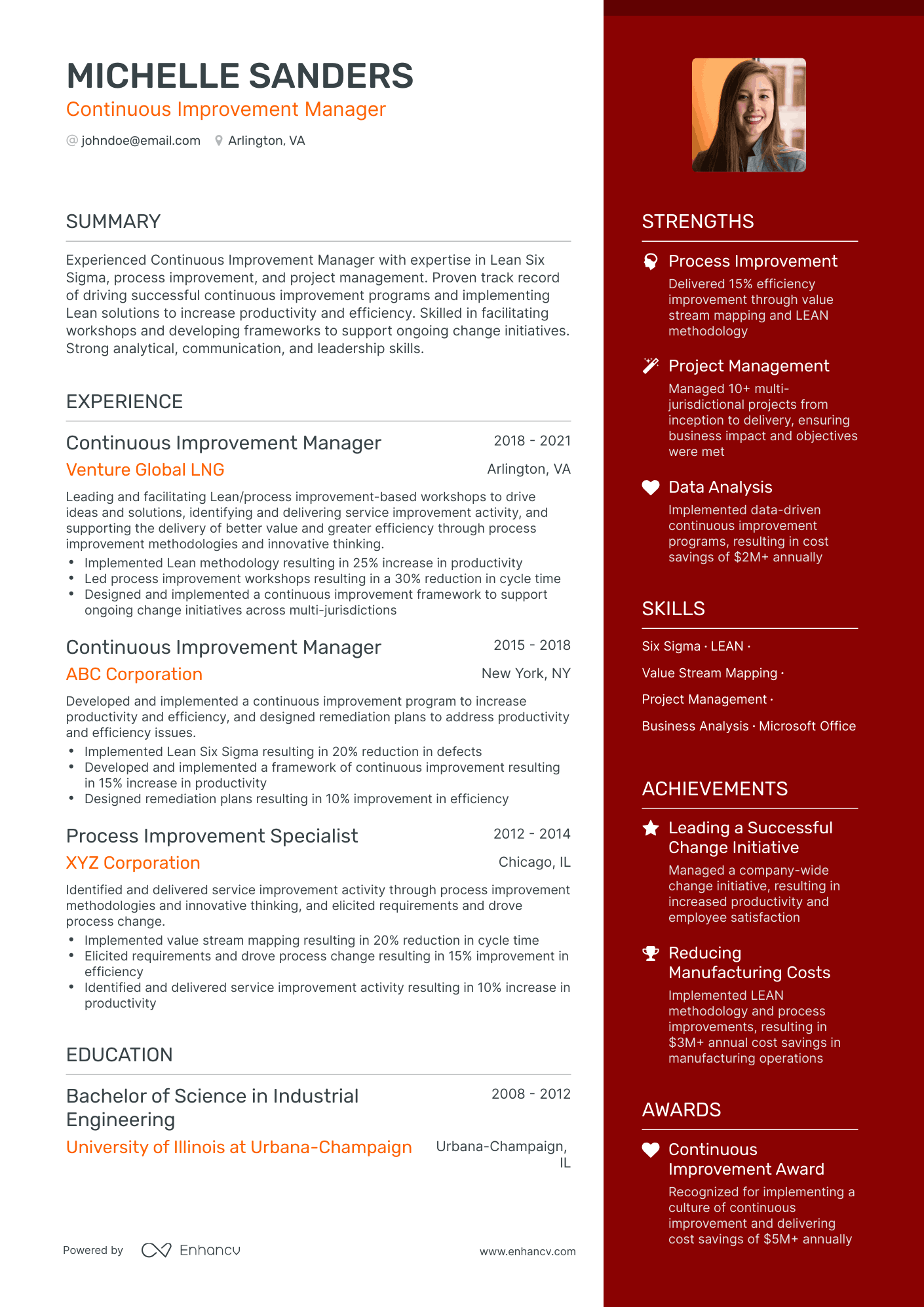 One Page Continuous Improvement Manager Resume Template