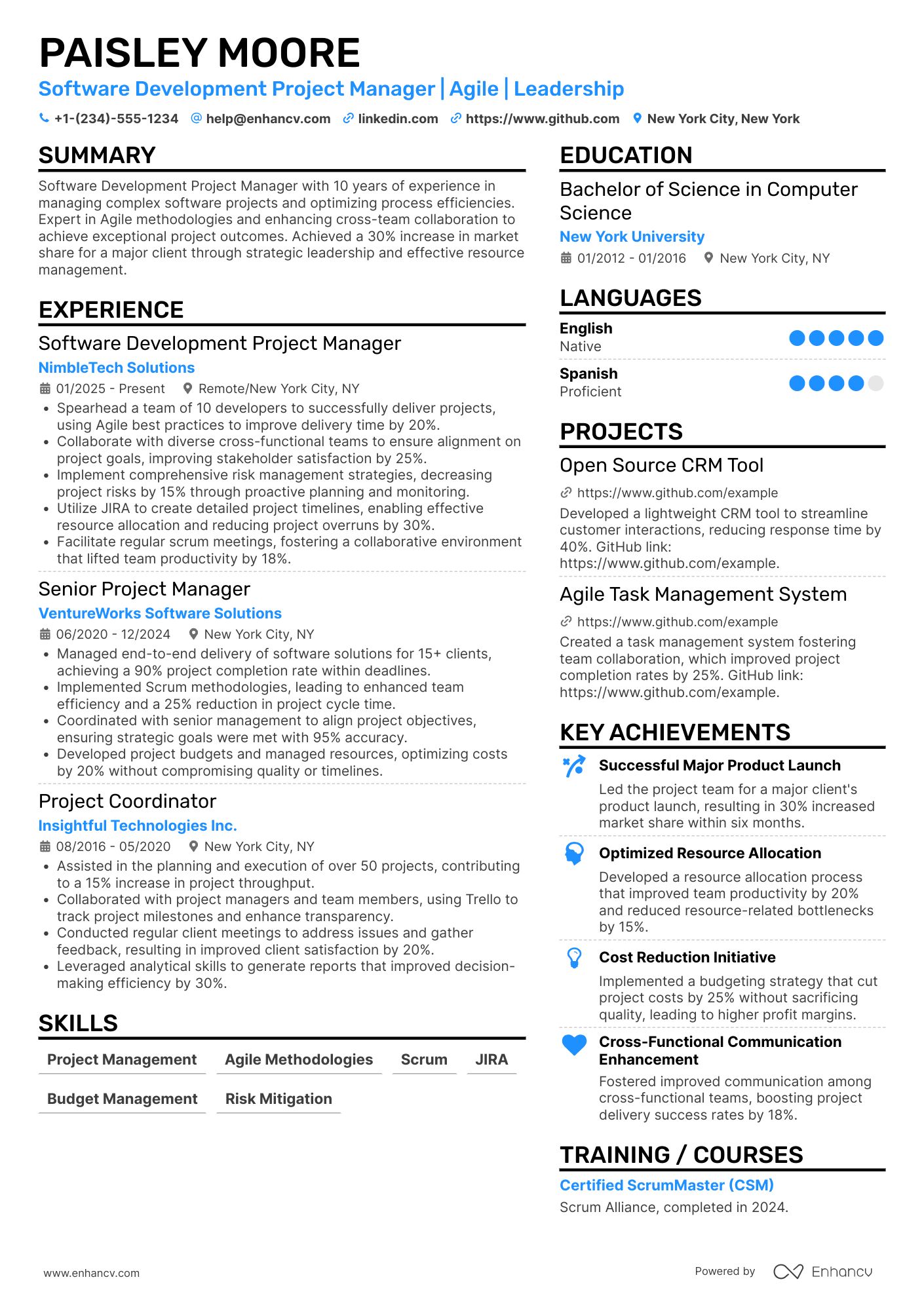 A resume example of a Software Development Project Manager