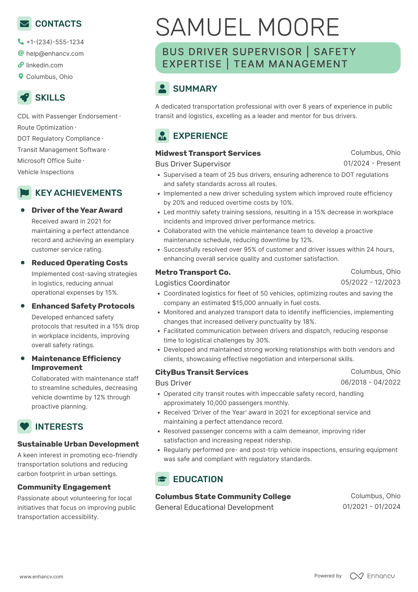 A resume example of a Bus Driver Supervisor