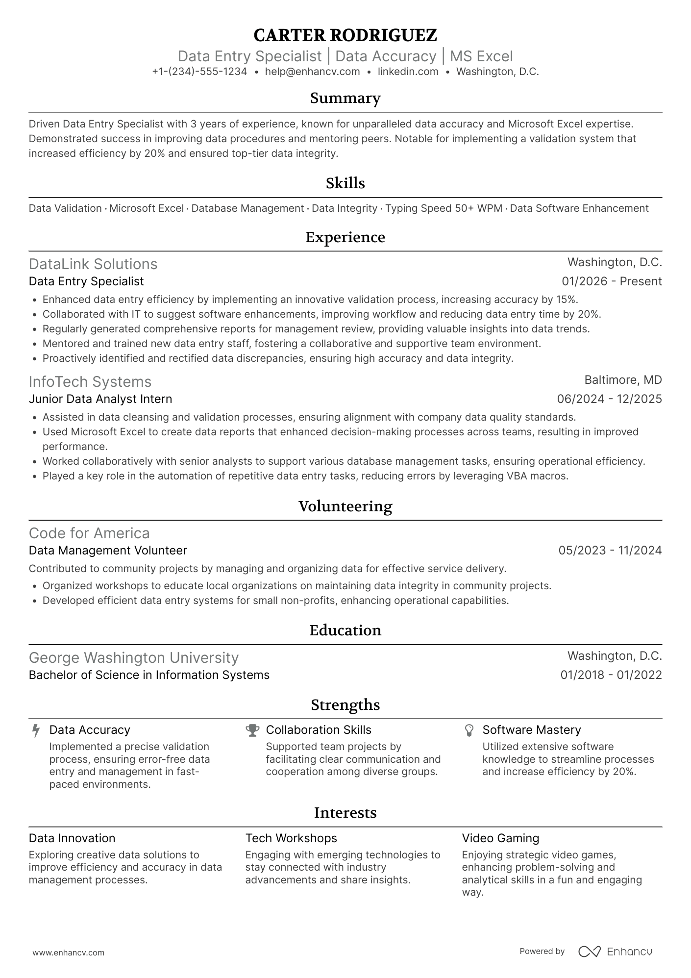 A resume example of a Data Entry Clerk II