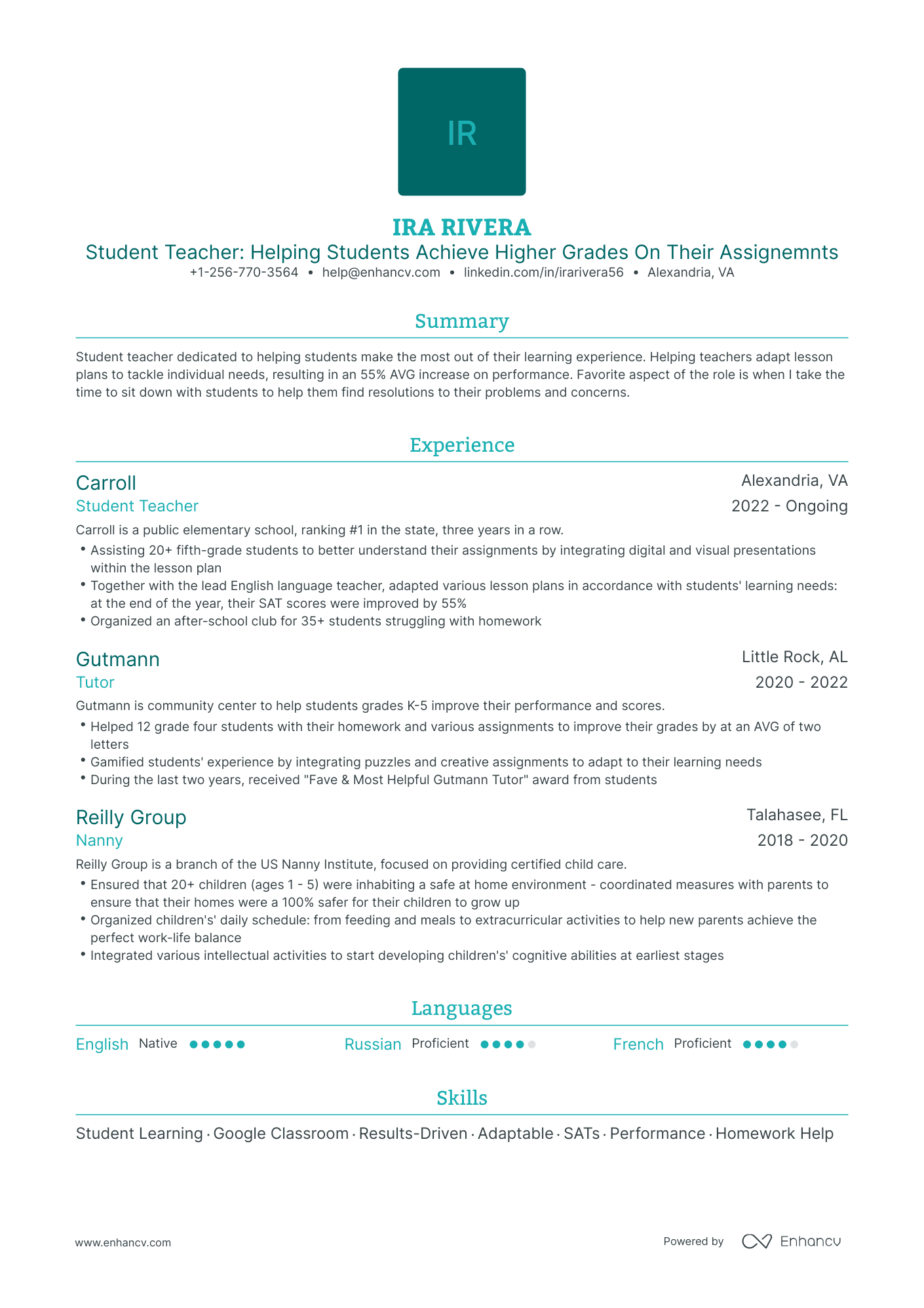 Traditional Student Teacher Resume Template