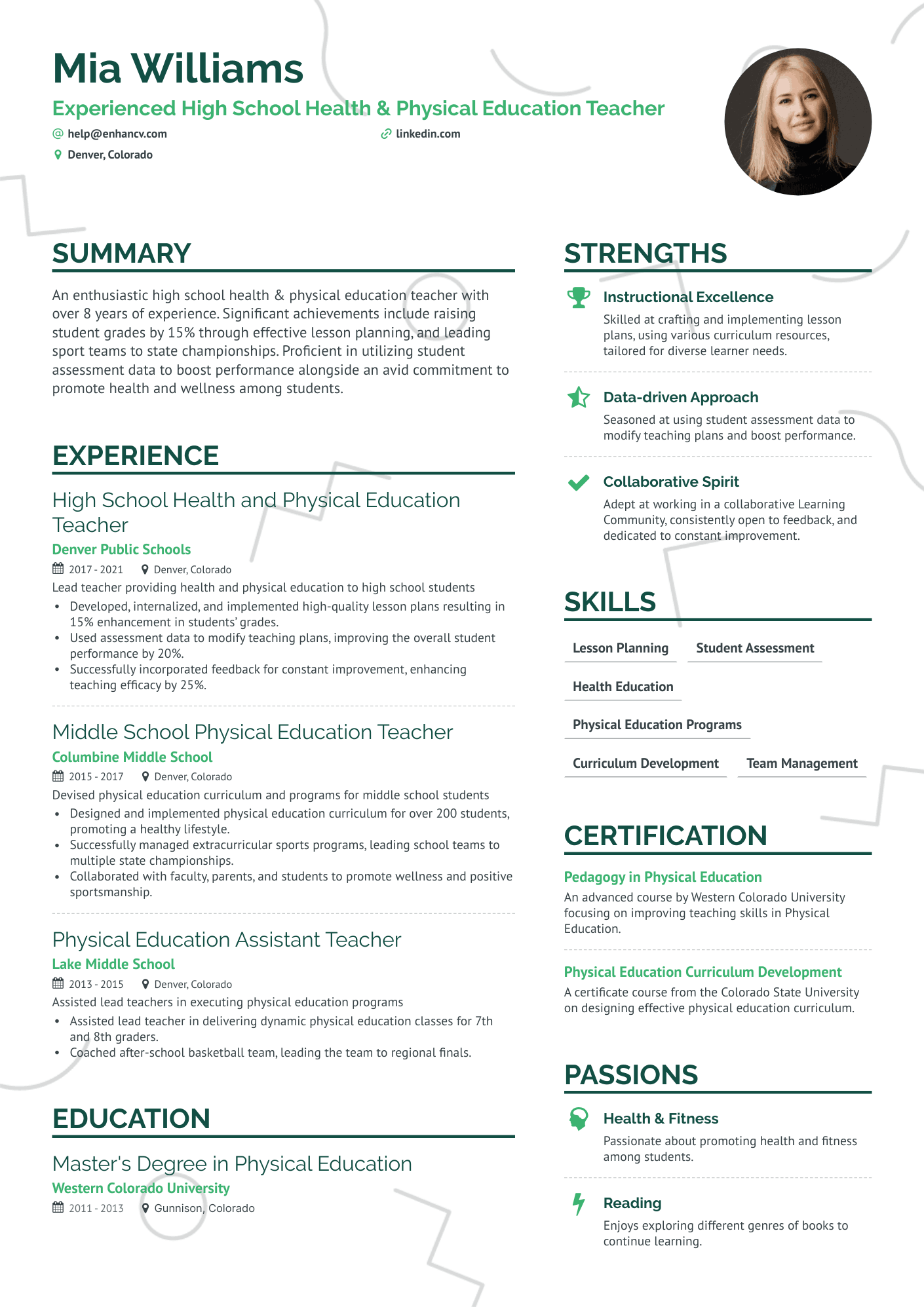 resume examples for pe teachers