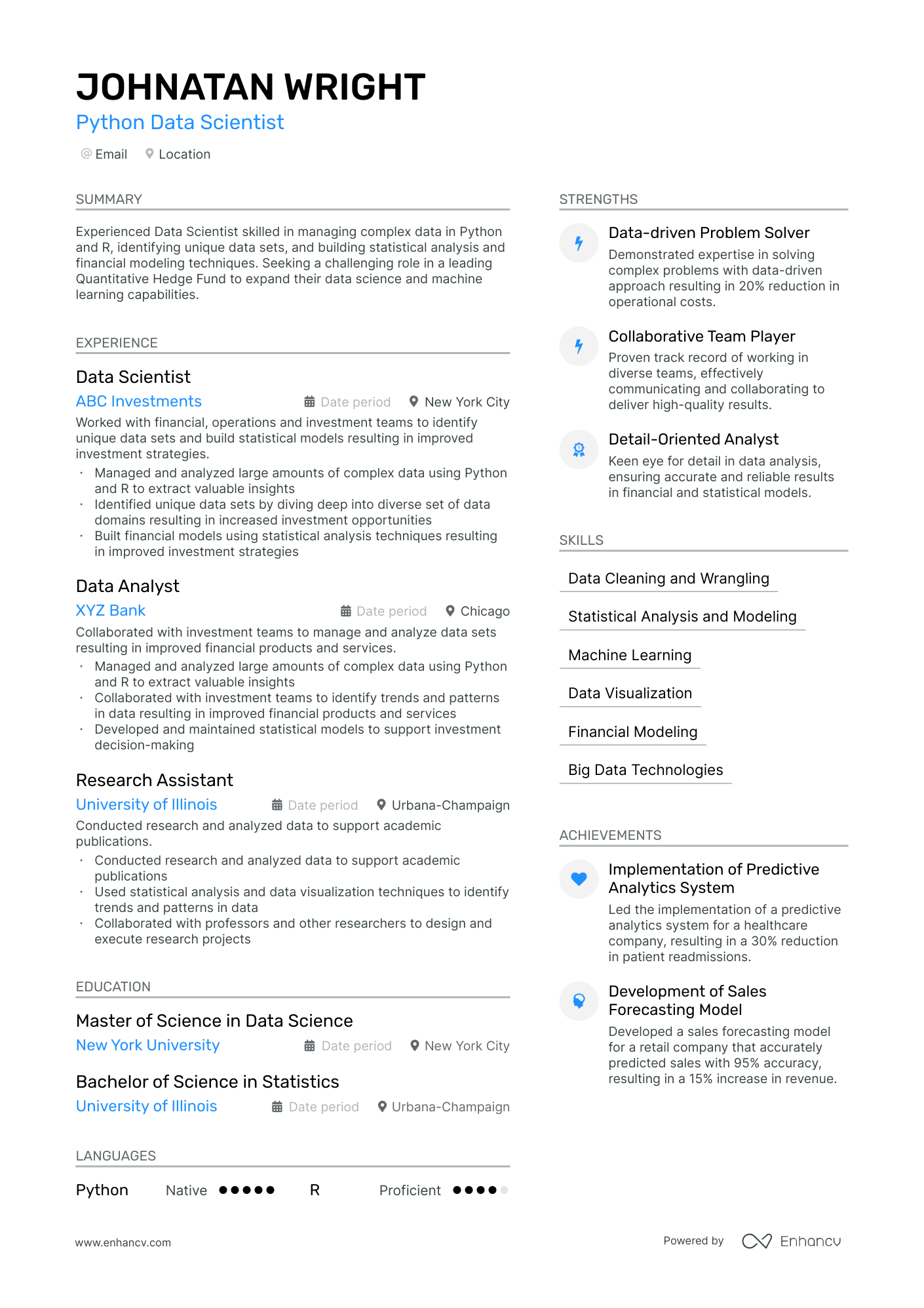 A resume example of a Python Data Scientist