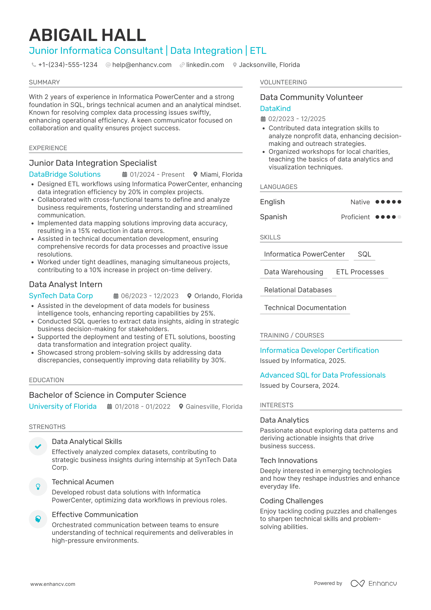 A resume example of a Junior Informatica Consultant