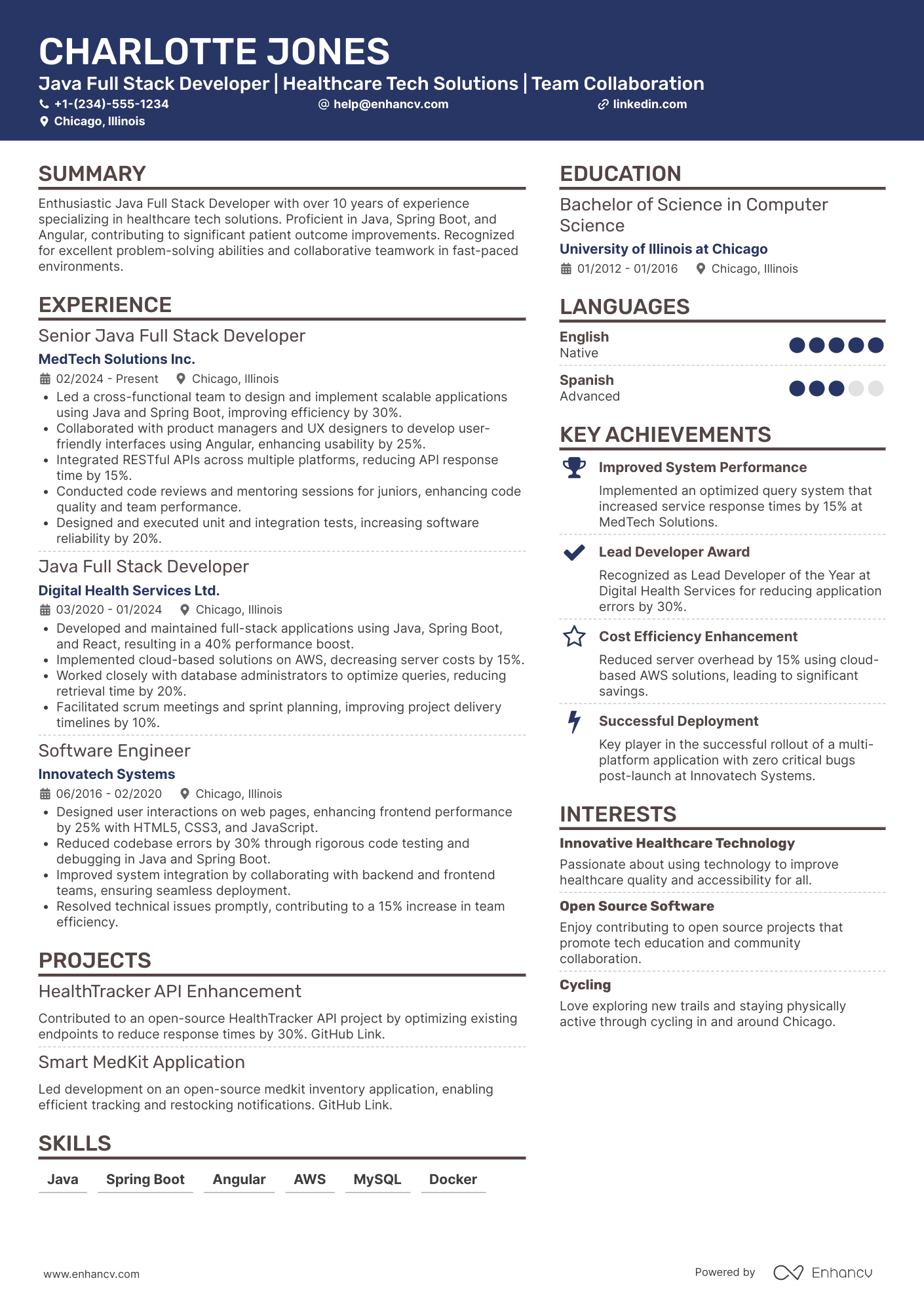 A resume example of a Java Full Stack Developer
