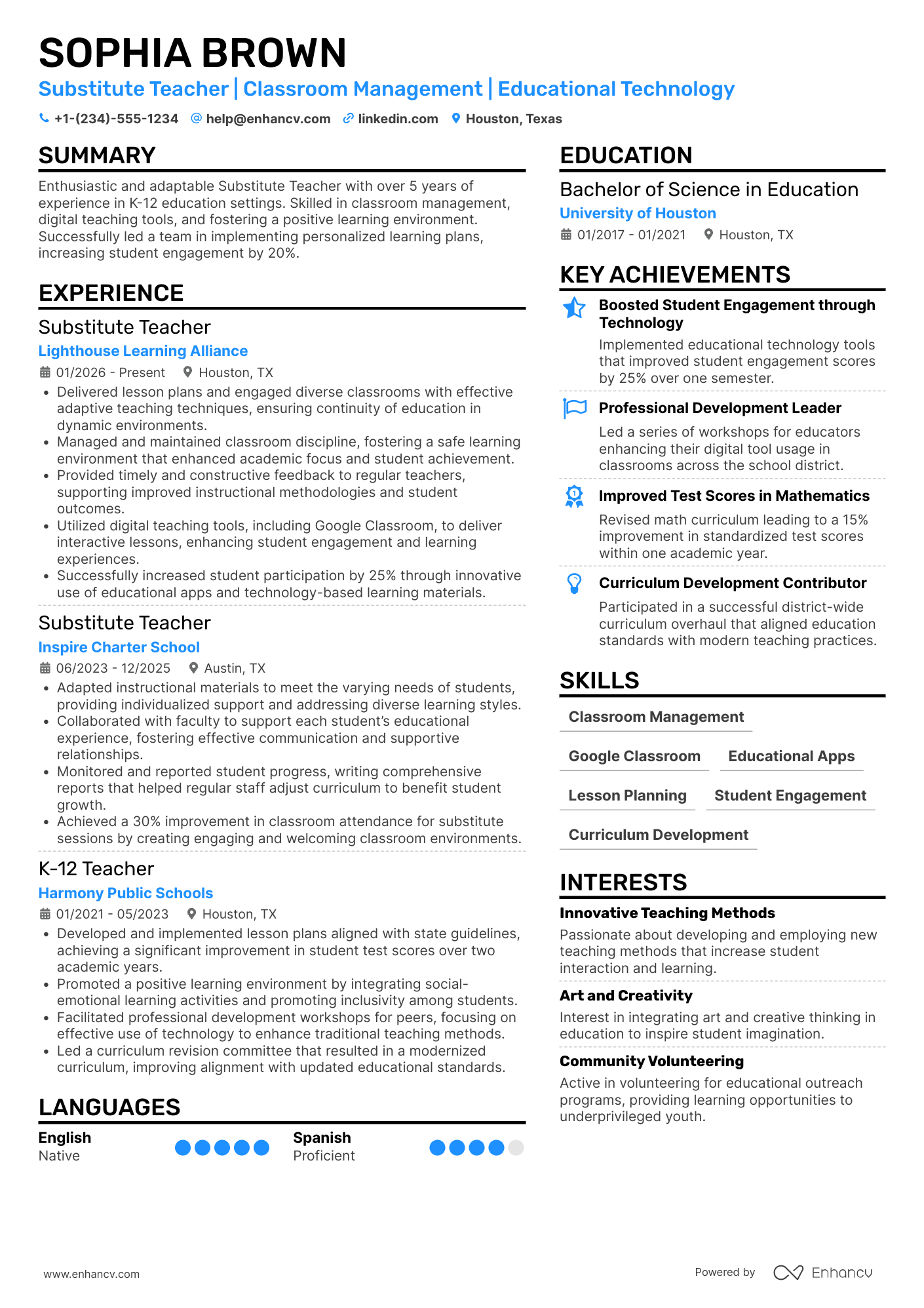 A resume example of a Substitute Teacher