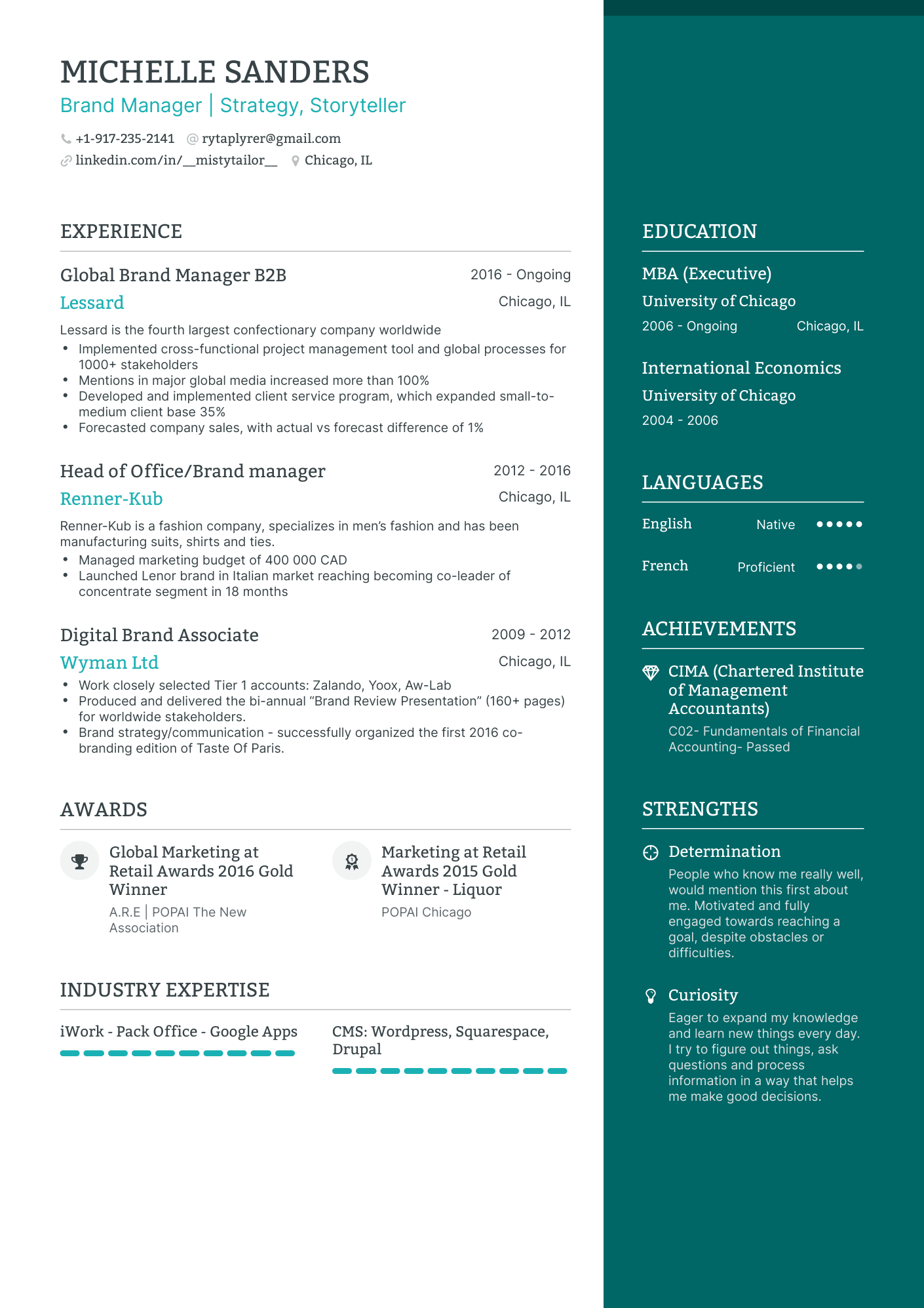 One Page Brand Manager Resume Template