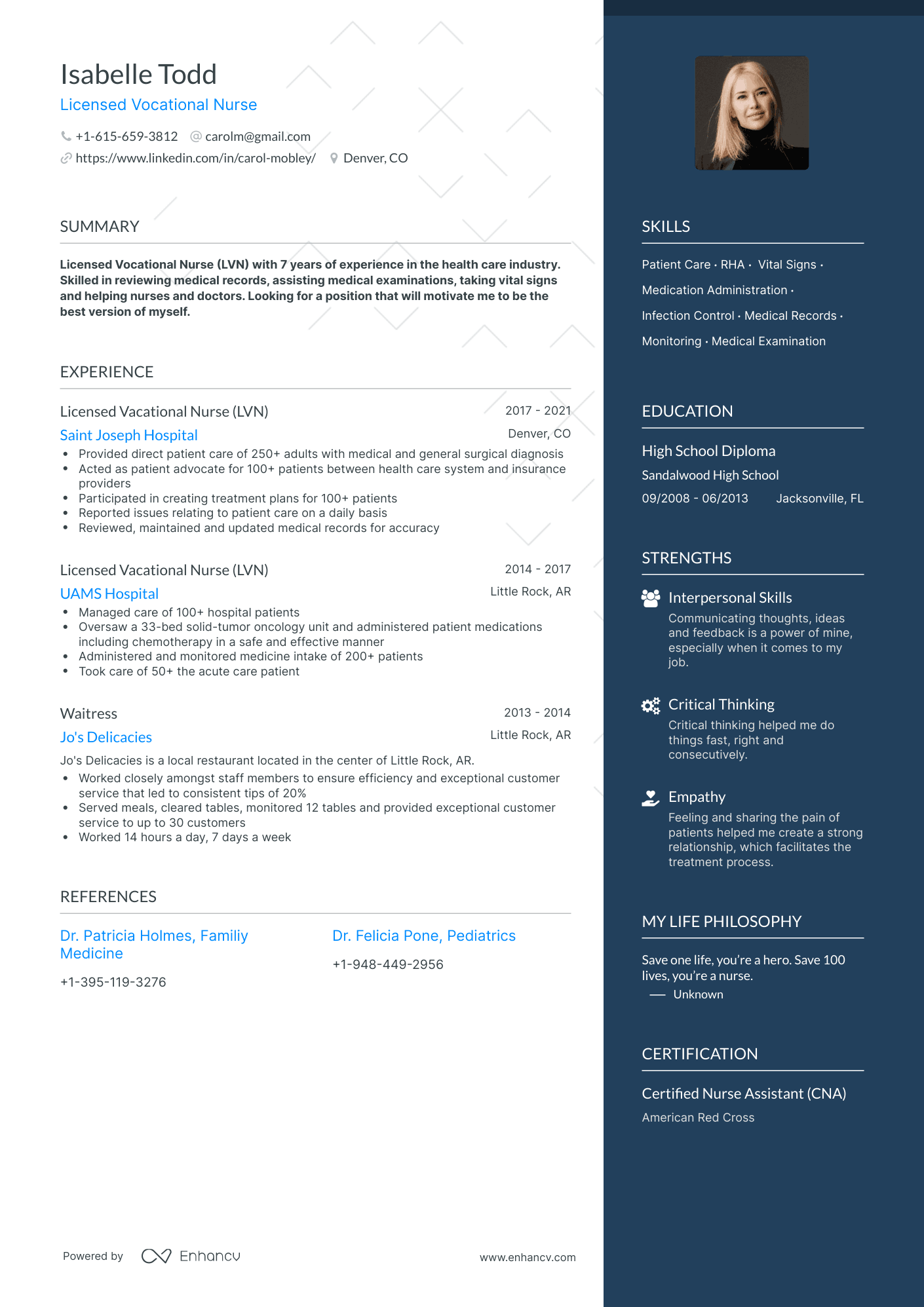 One Page LVN Resume Template