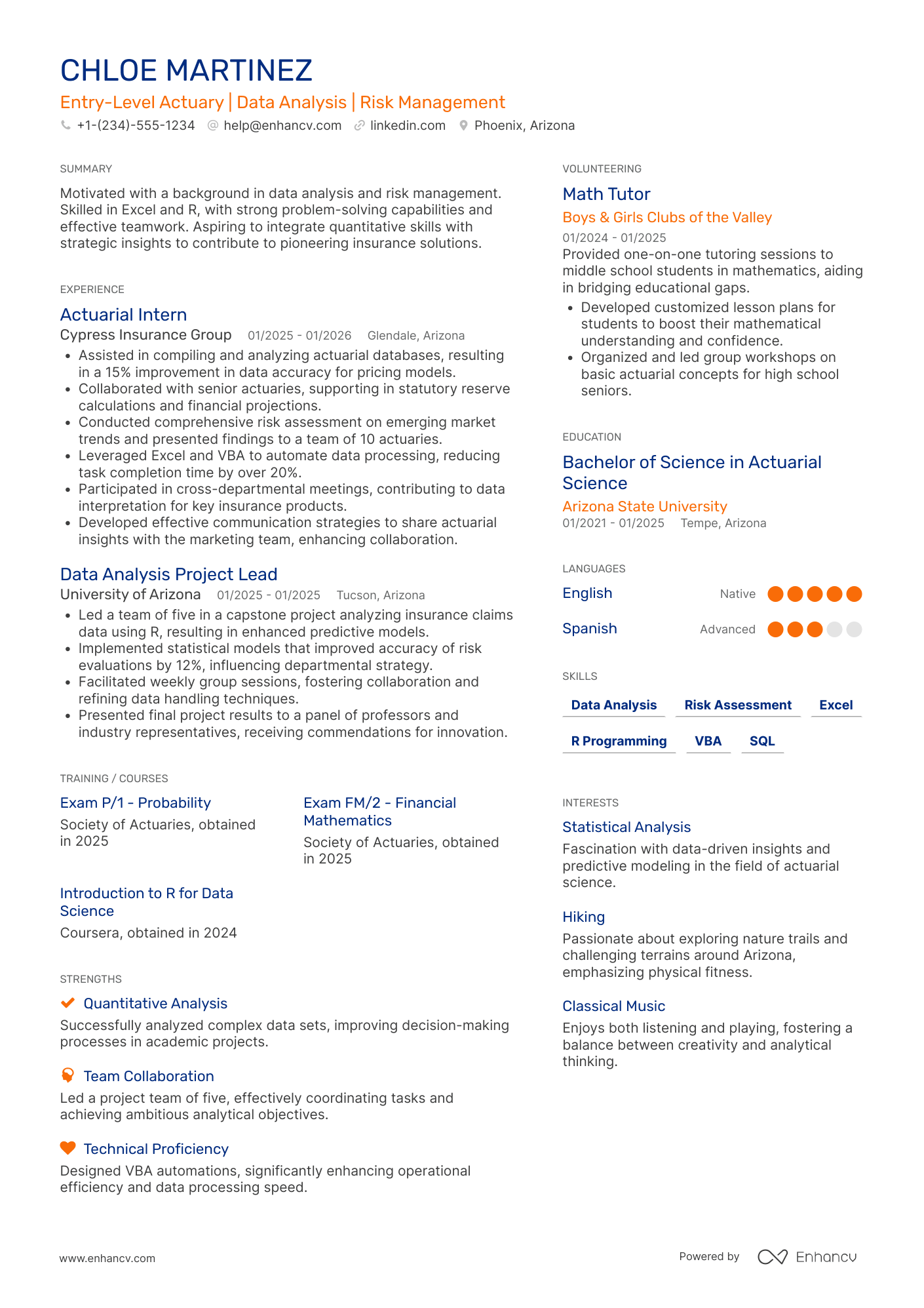 A resume example of a Entry Level Actuary
