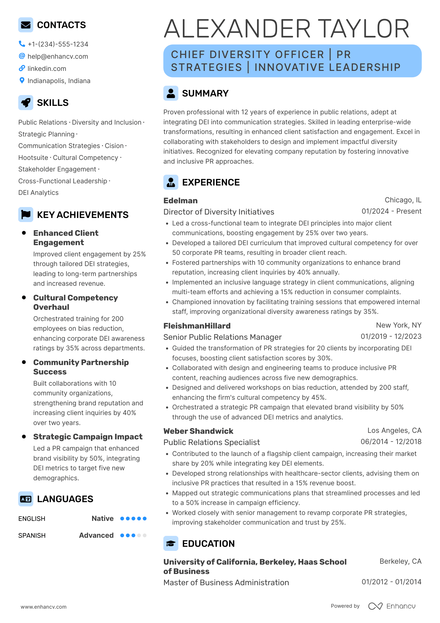 A resume example of a Chief Diversity Officer for Public Relations