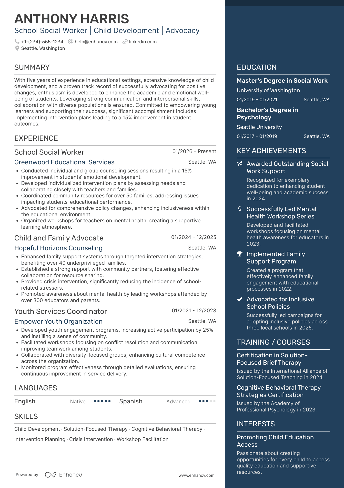 A resume example of a School Social Worker