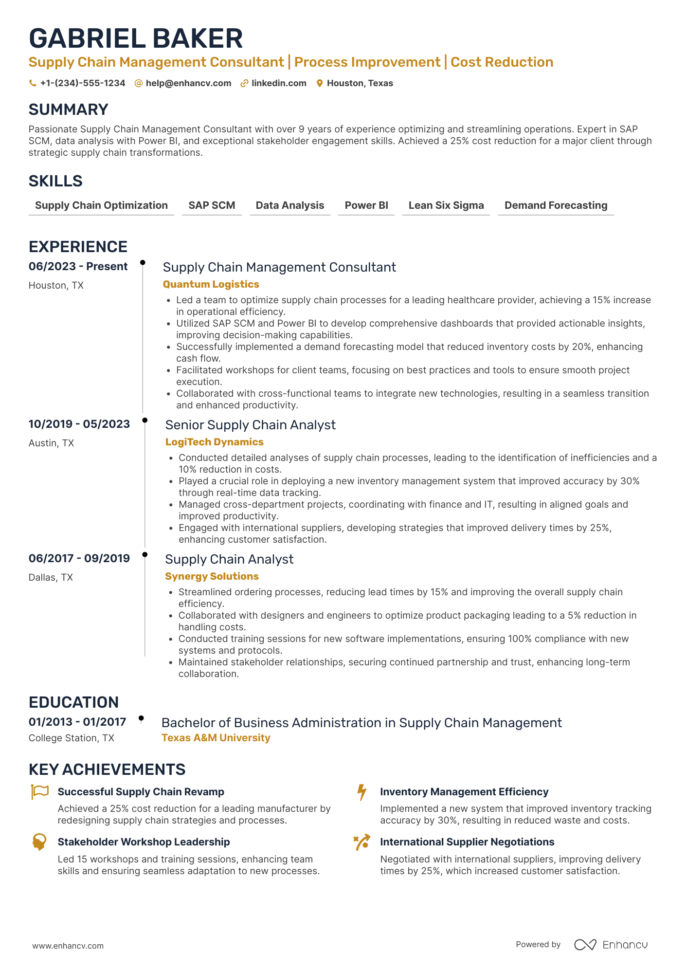 A resume example of a Deloitte Supply Chain Management Consultant