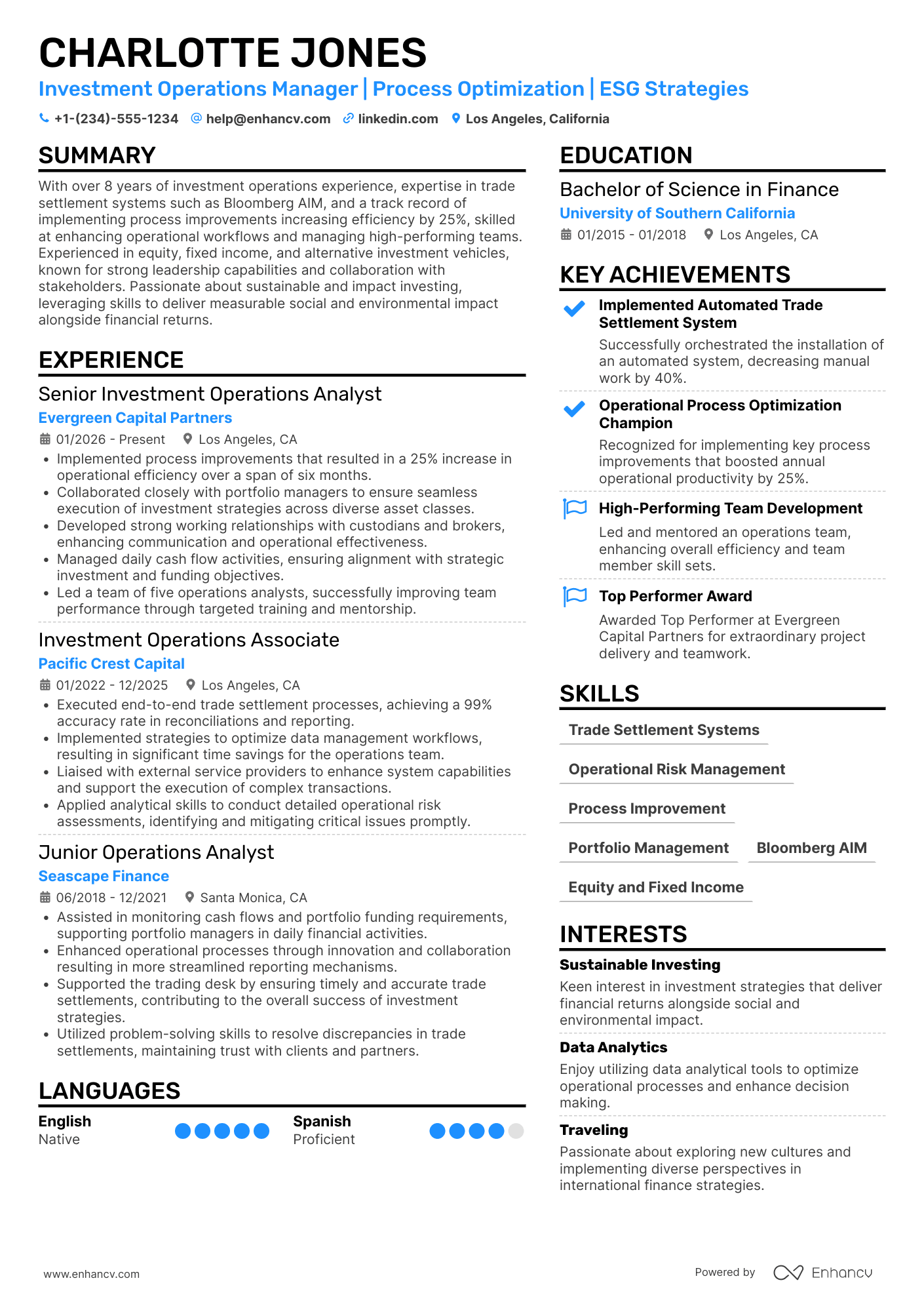 A resume example of a Investment Operations Manager
