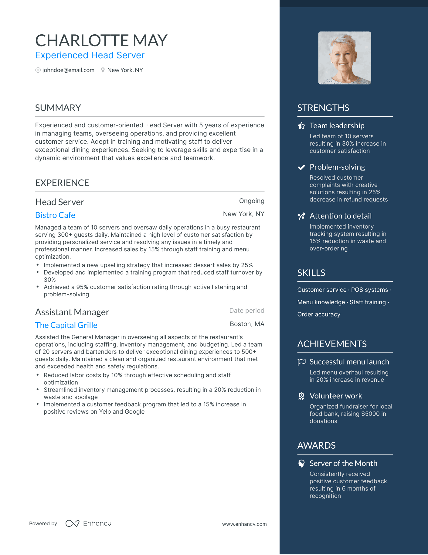 One Page Head Server Resume Template
