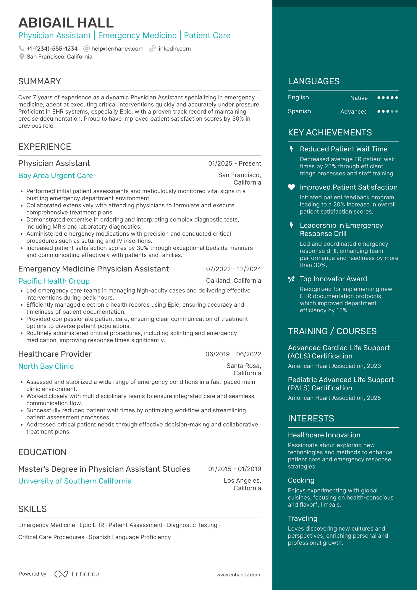 A resume example of a Physician Assistant   Emergency Medicine