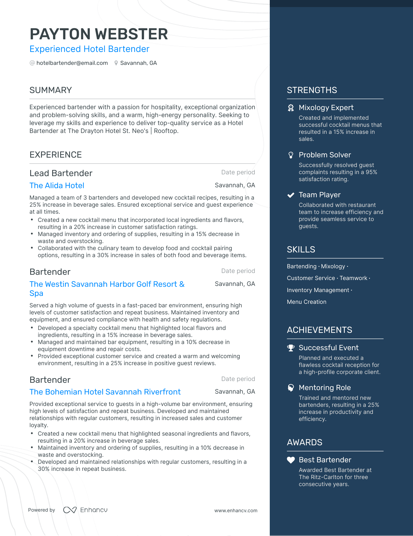 One Page Hotel Bartender Resume Template