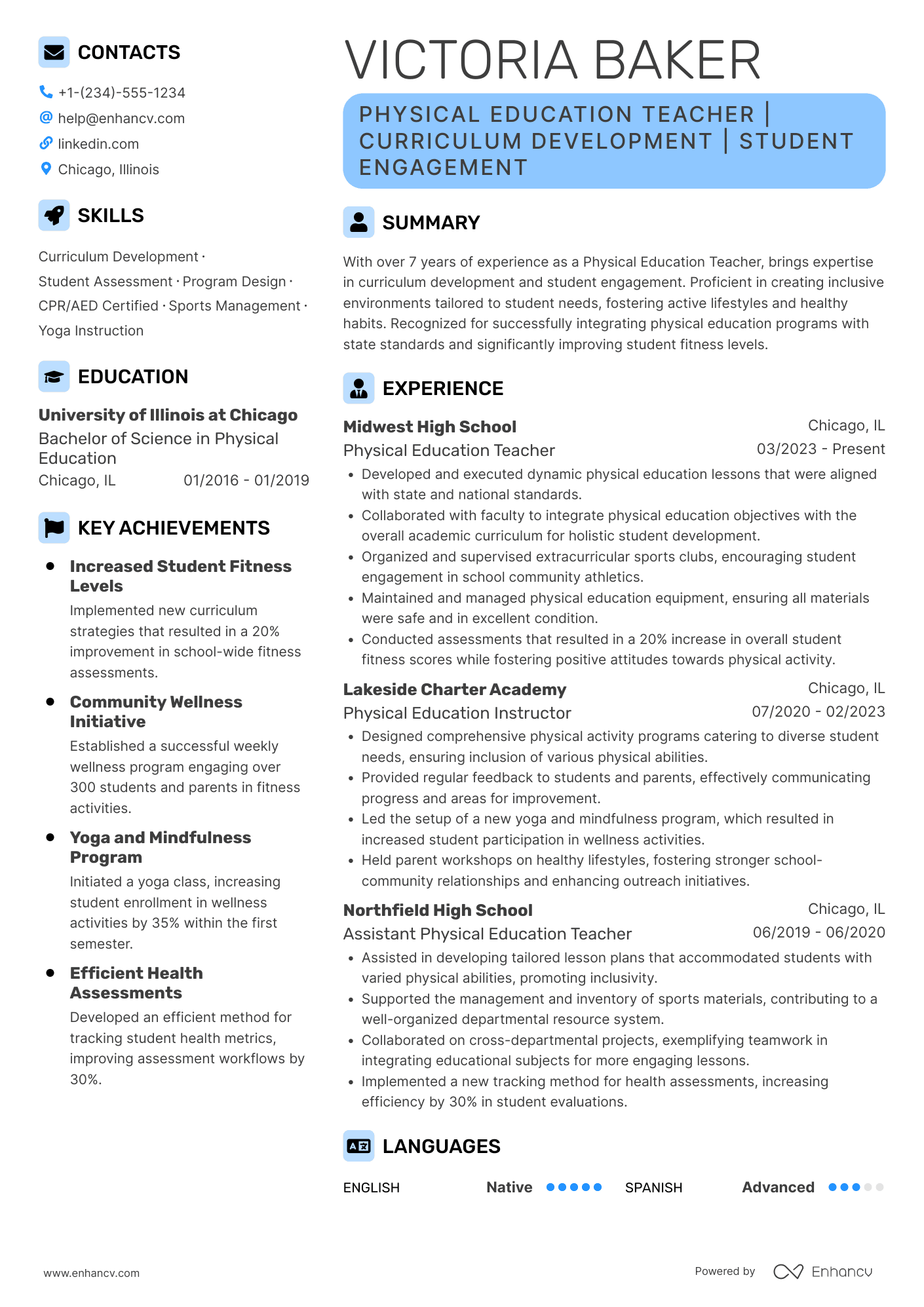 A resume example of a High School Physical Education Teacher