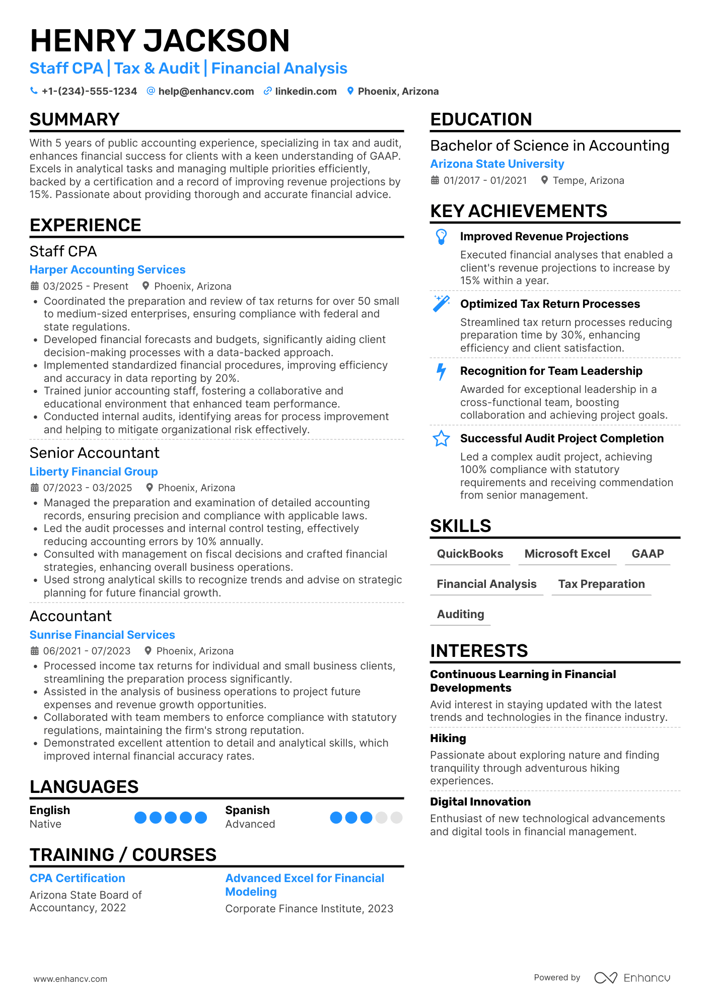 A resume example of a Staff CPA
