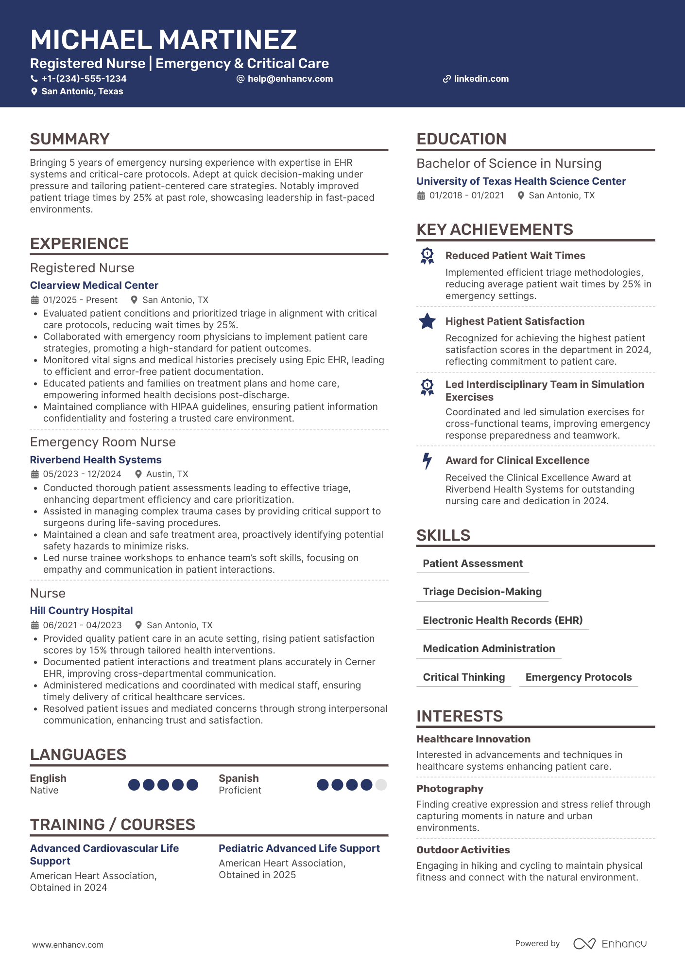A resume example of a ER Triage Nurse