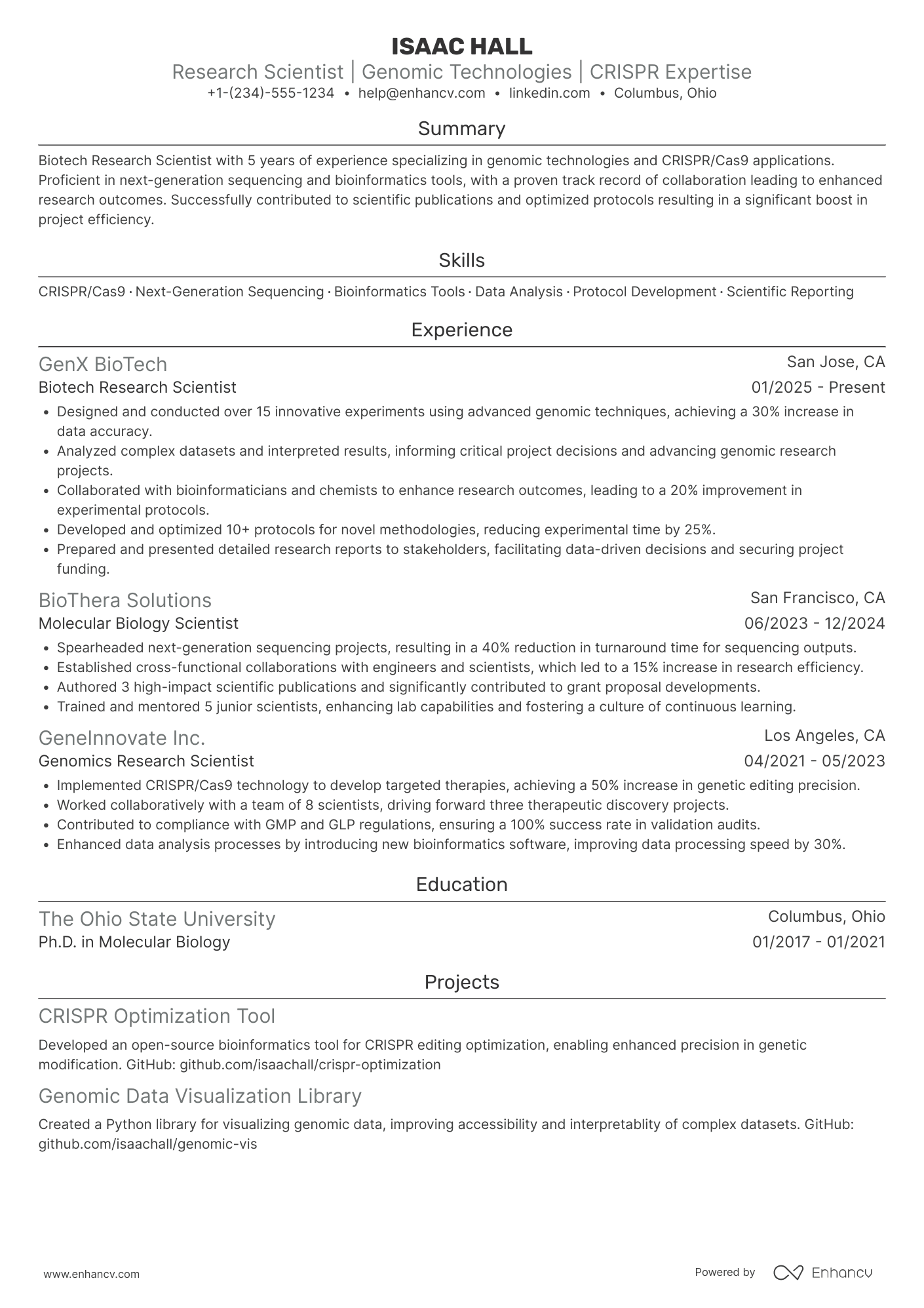 A resume example of a Silicon Valley Biotech Research Scientist