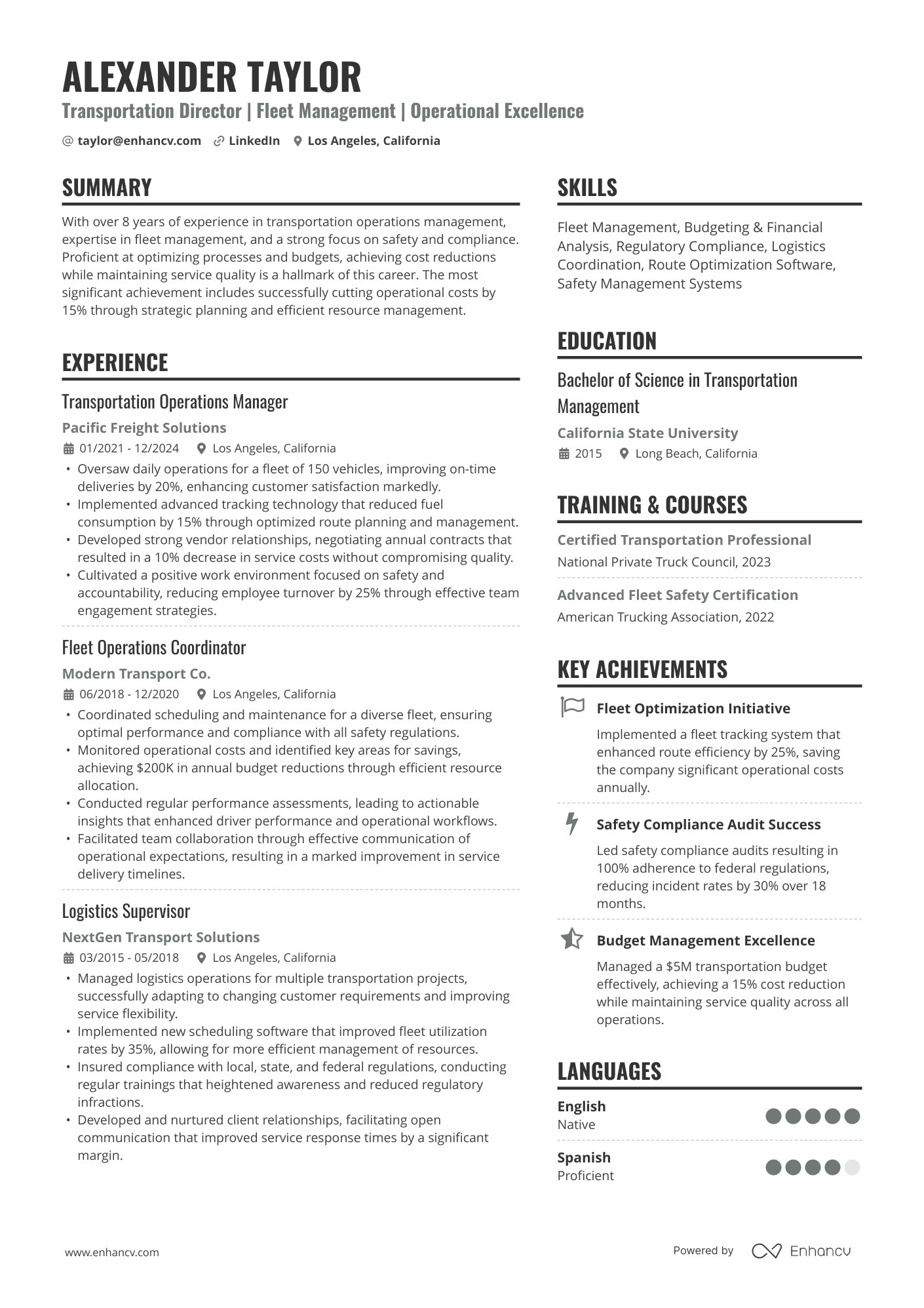 A resume example of a Transportation Operations Manager