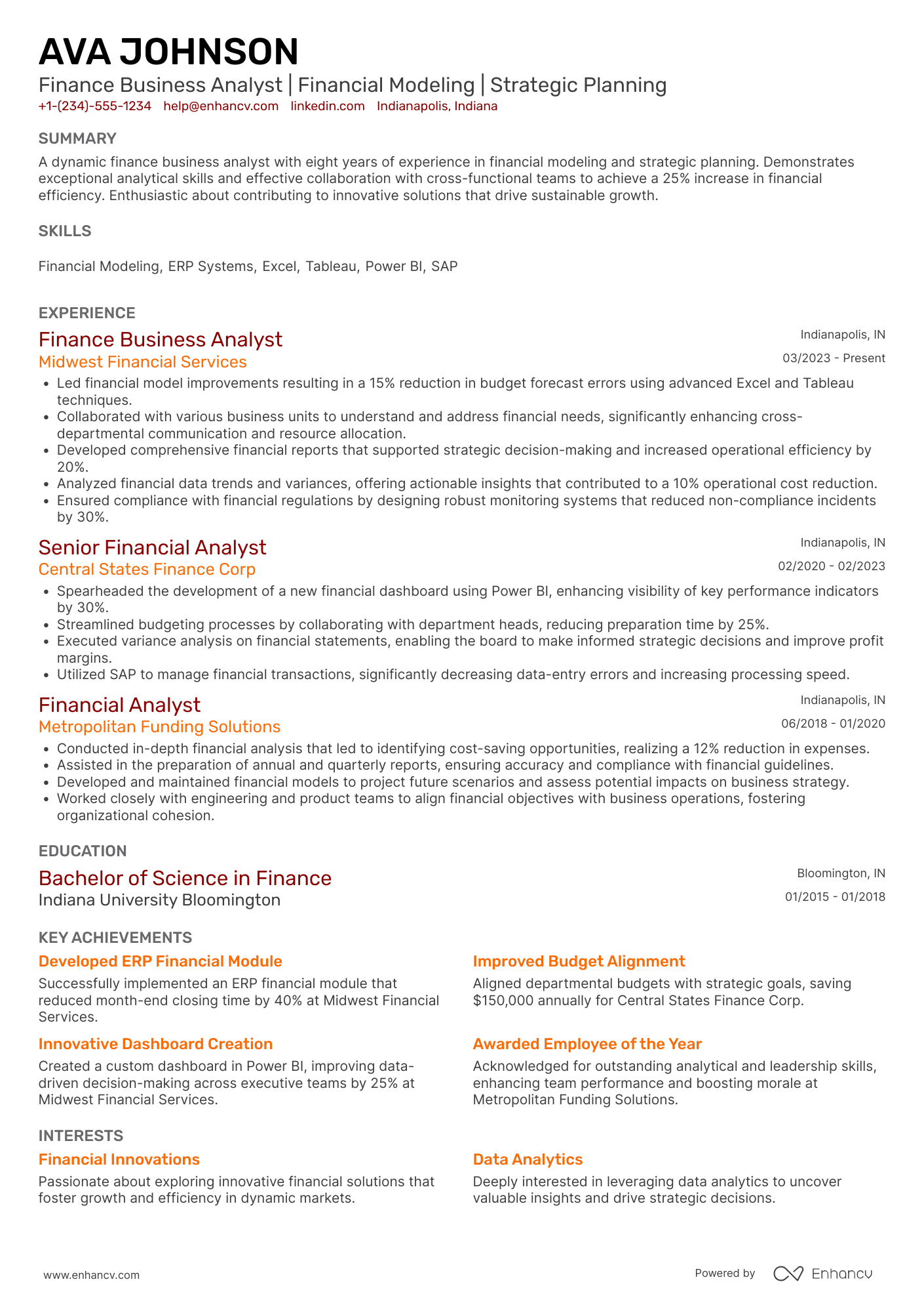 A resume example of a Finance Business Analyst