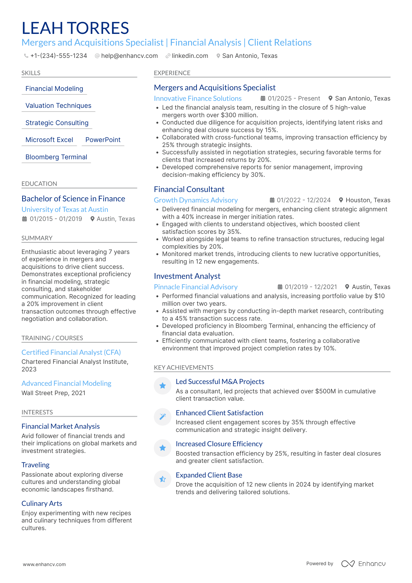 A resume example of a Deloitte Mergers and Acquisitions Specialist