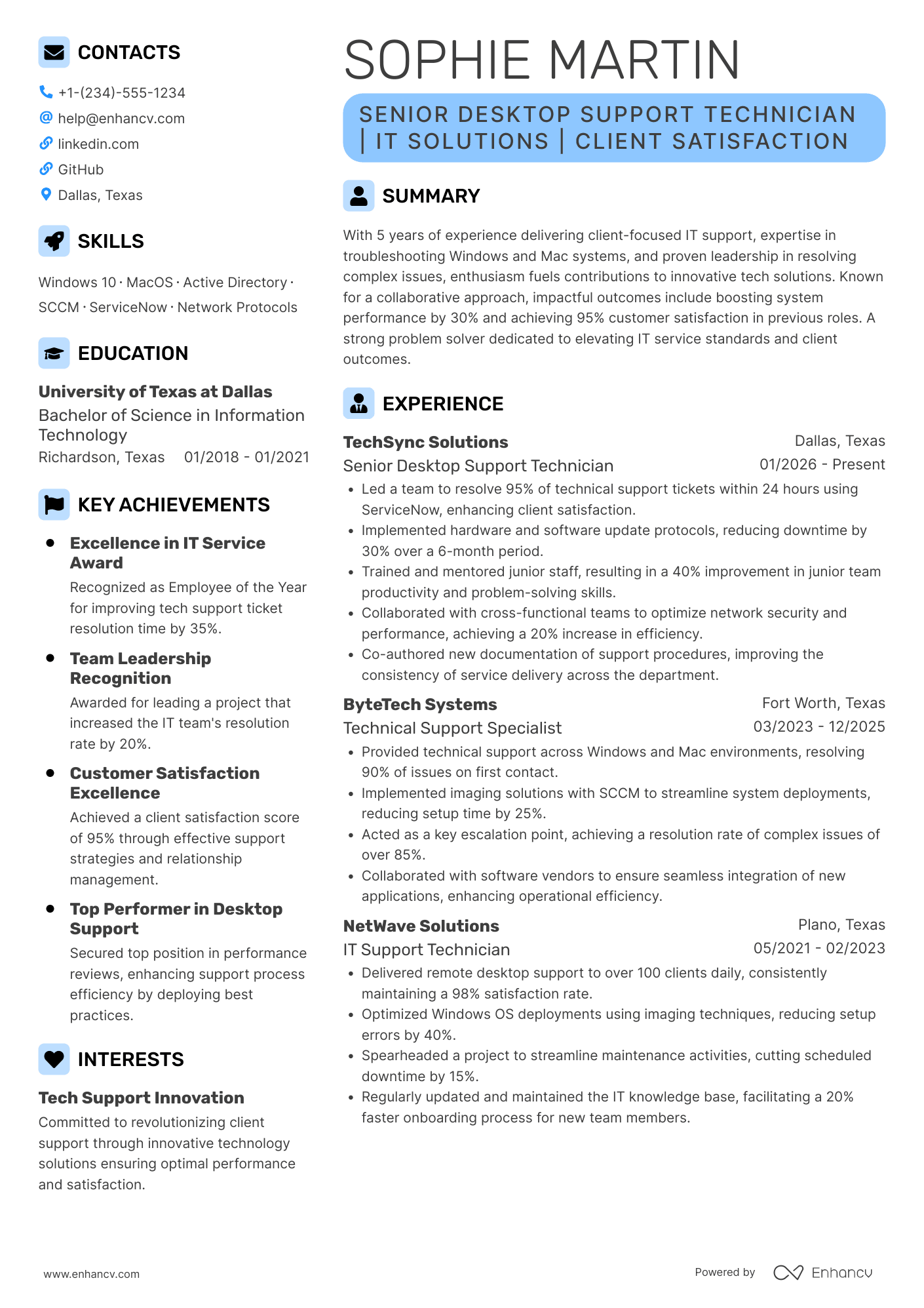 A resume example of a Senior Desktop Support Technician