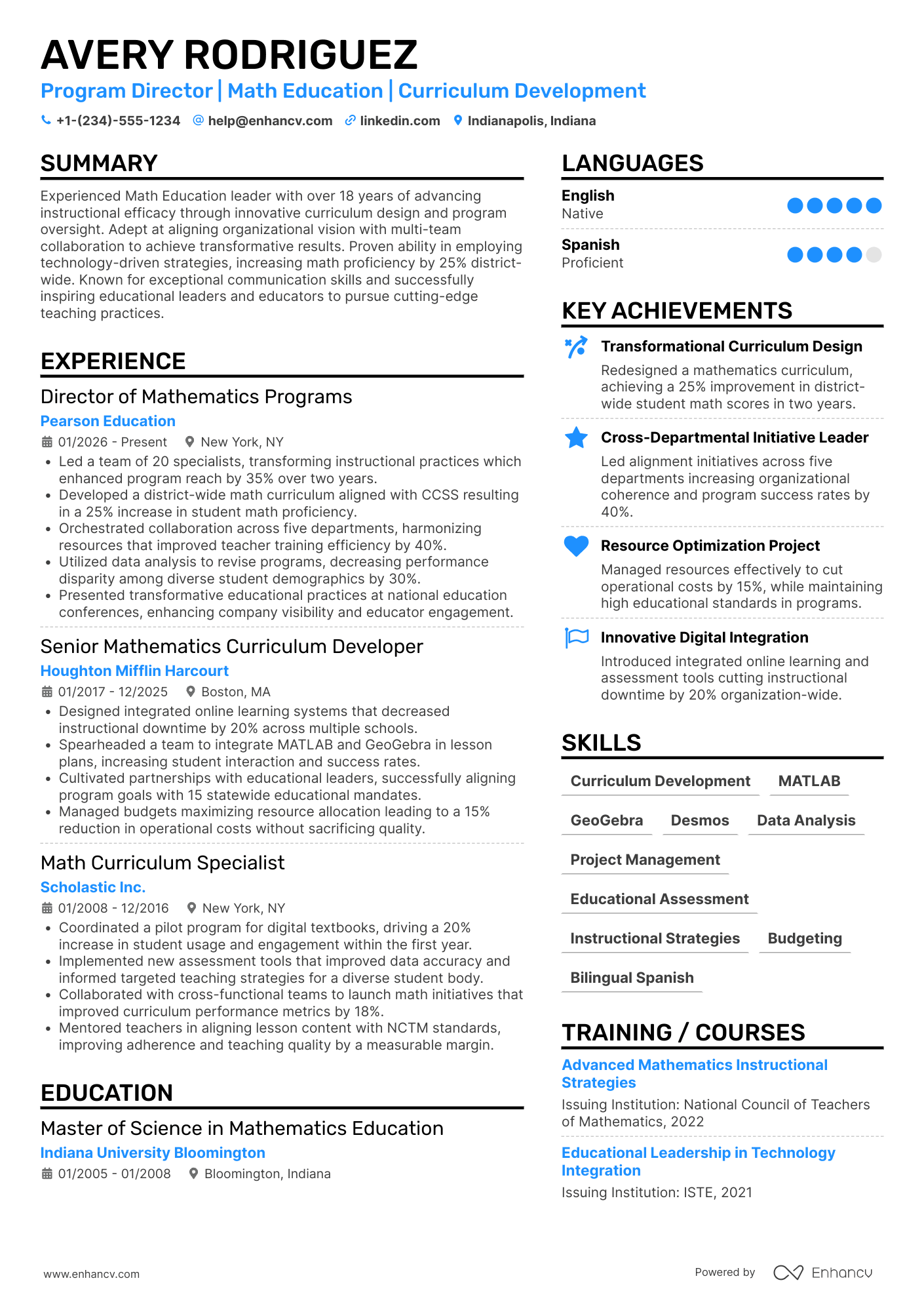 A resume example of a Math Teacher Program Director