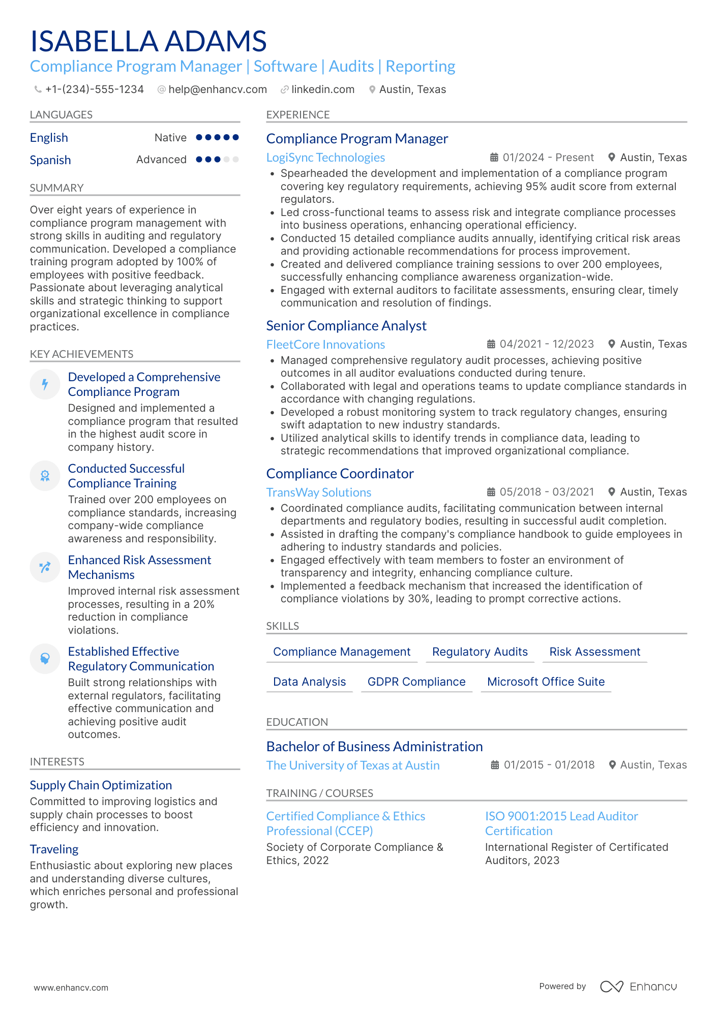 A resume example of a Compliance Program Manager