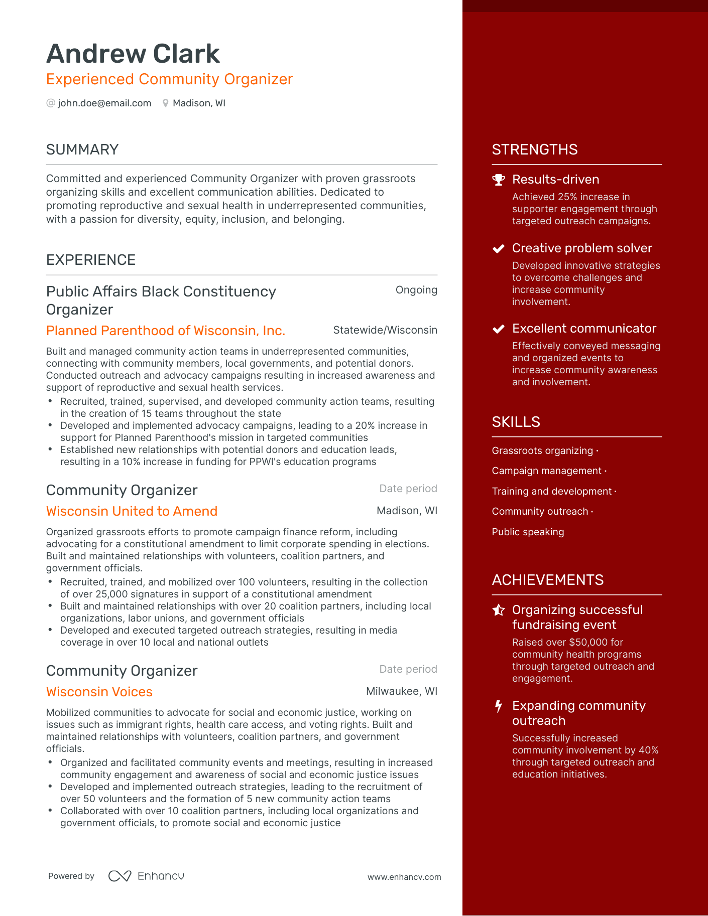 One Page Community Organizer Resume Template