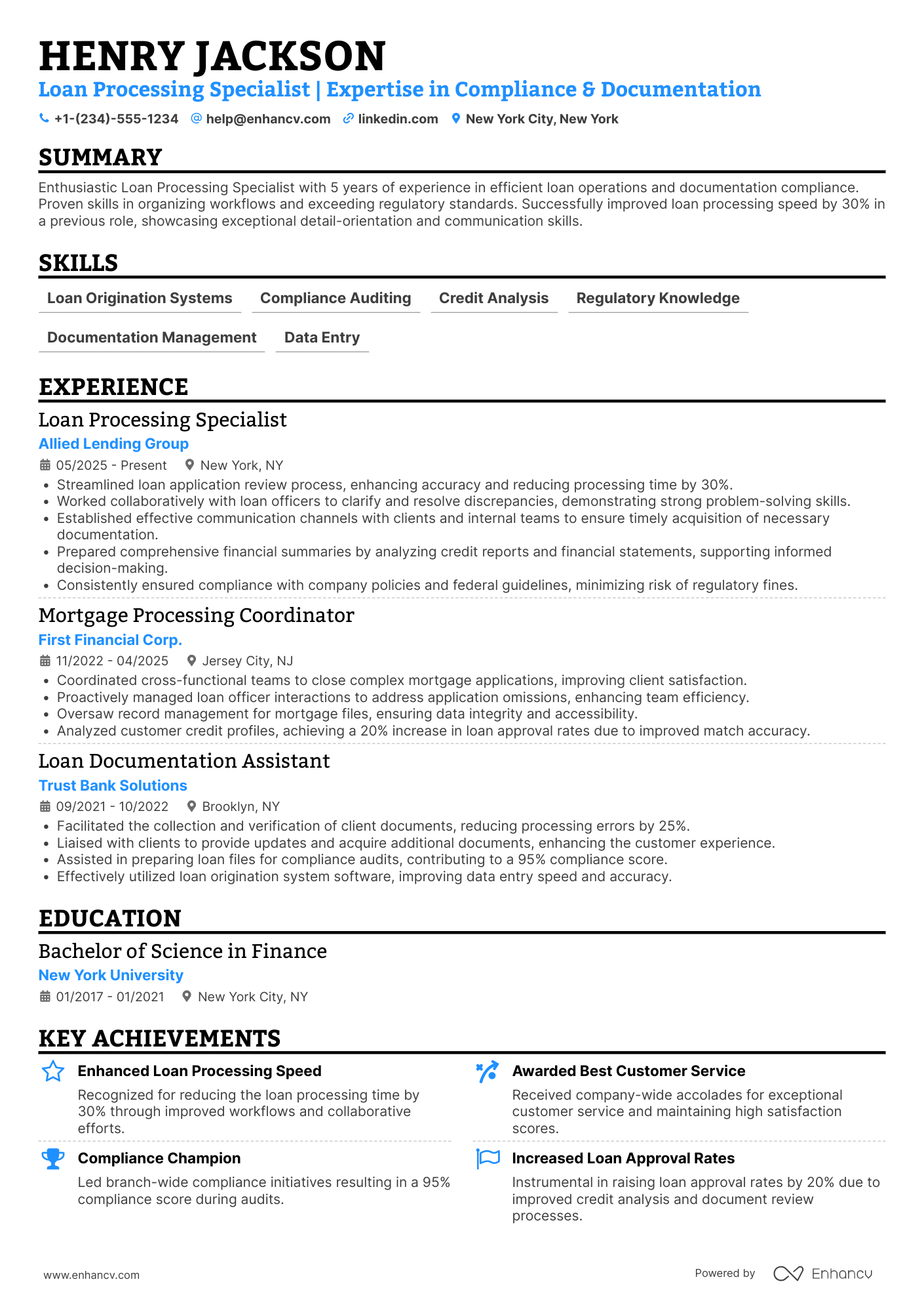 A resume example of a Loan Processing Clerk