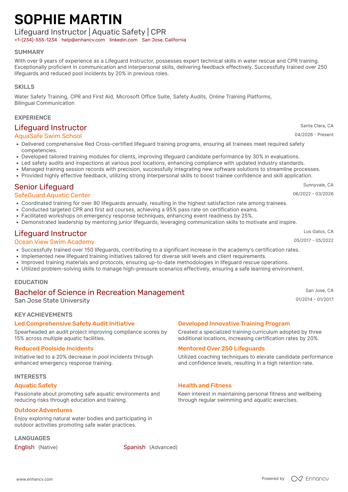 A resume example of a Lifeguard Instructor