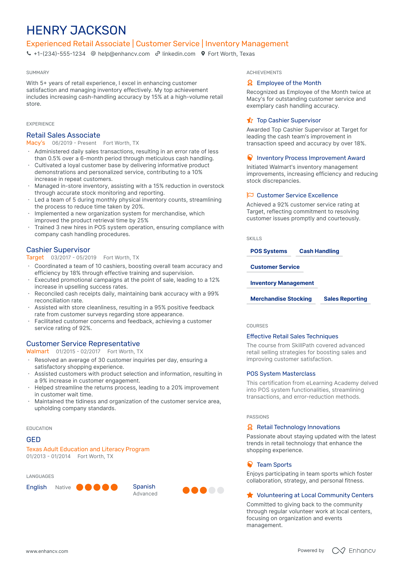resume sample for the post of cashier