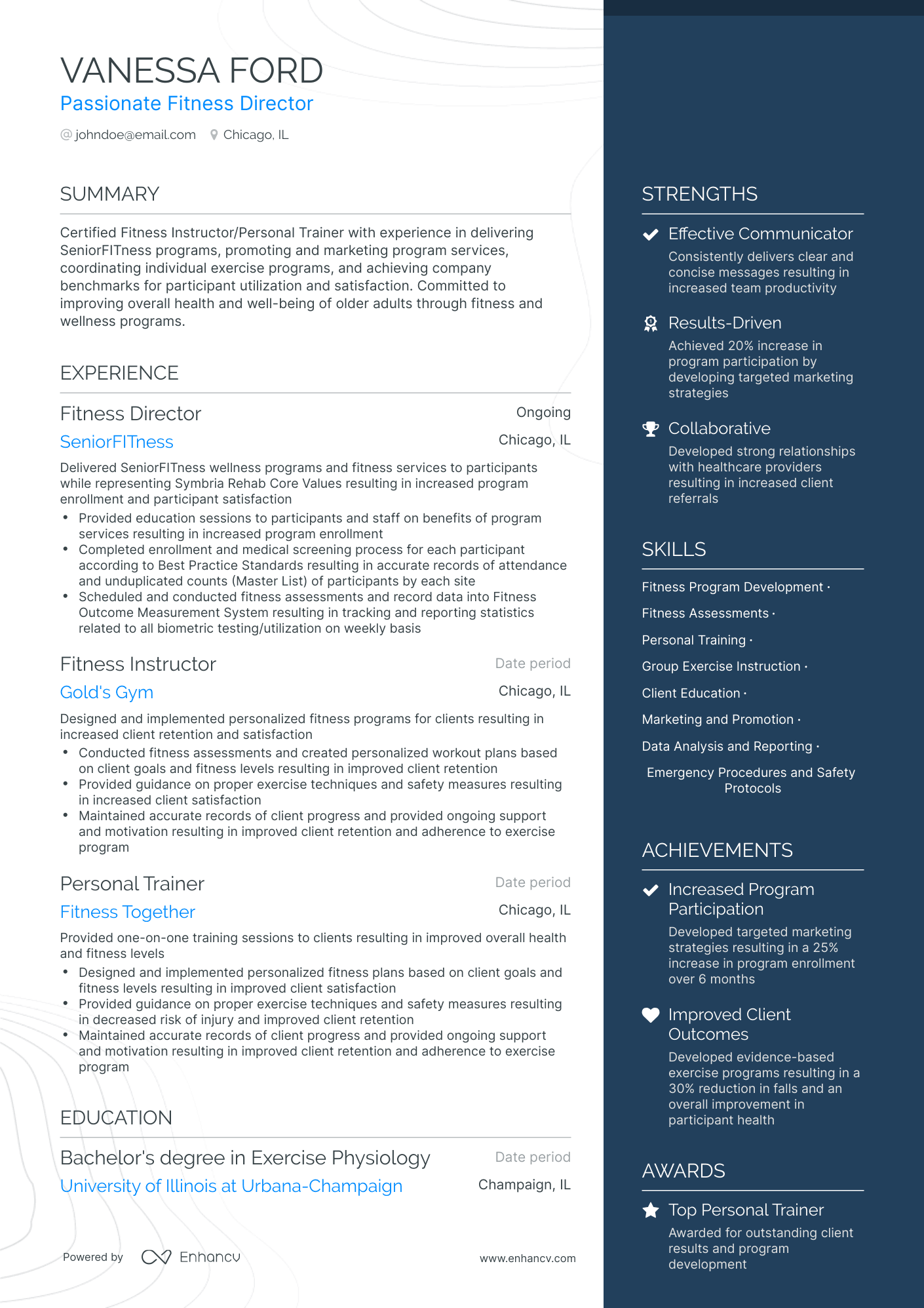 One Page Fitness Director Resume Template