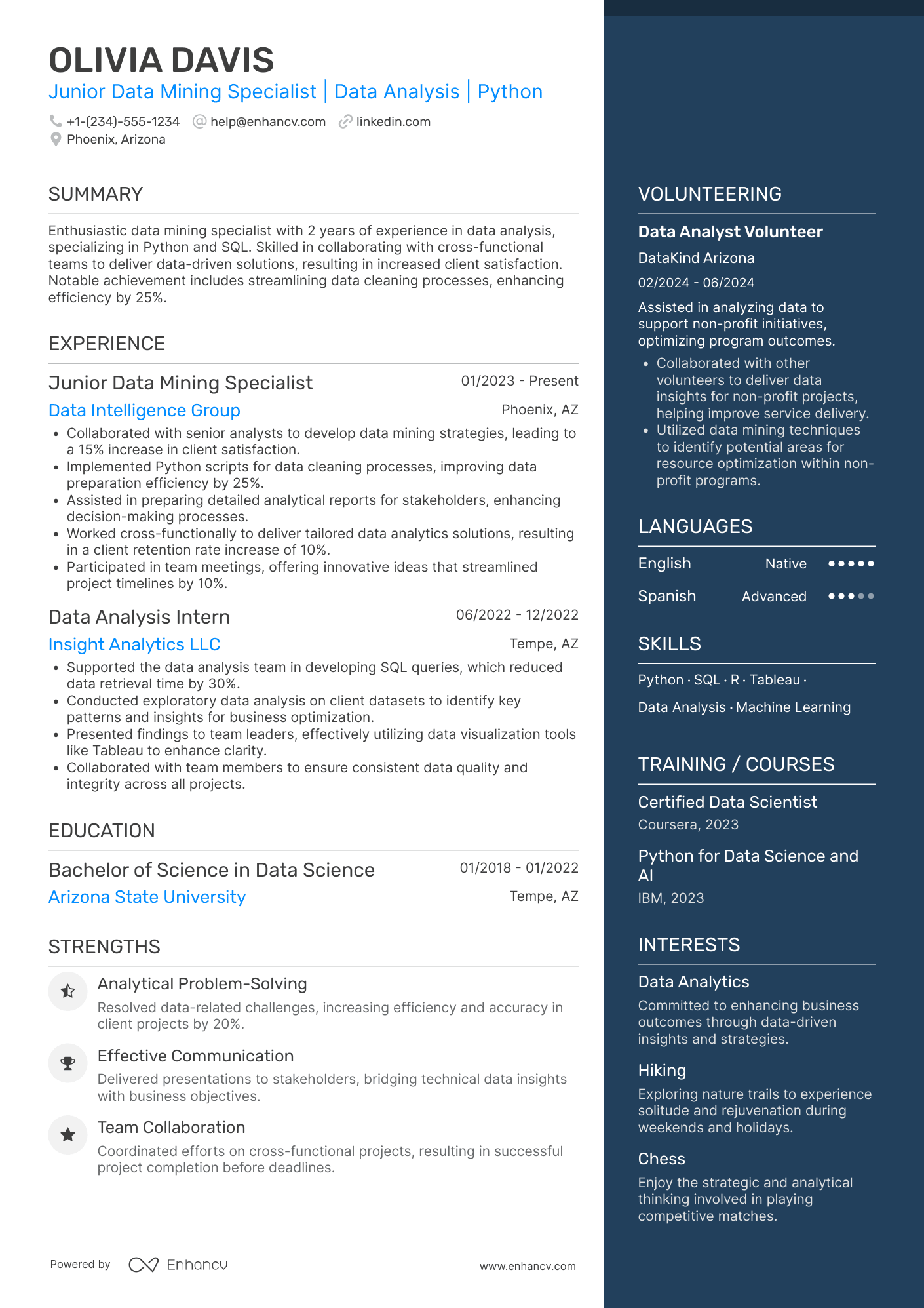 A resume example of a Junior Data Mining Specialist