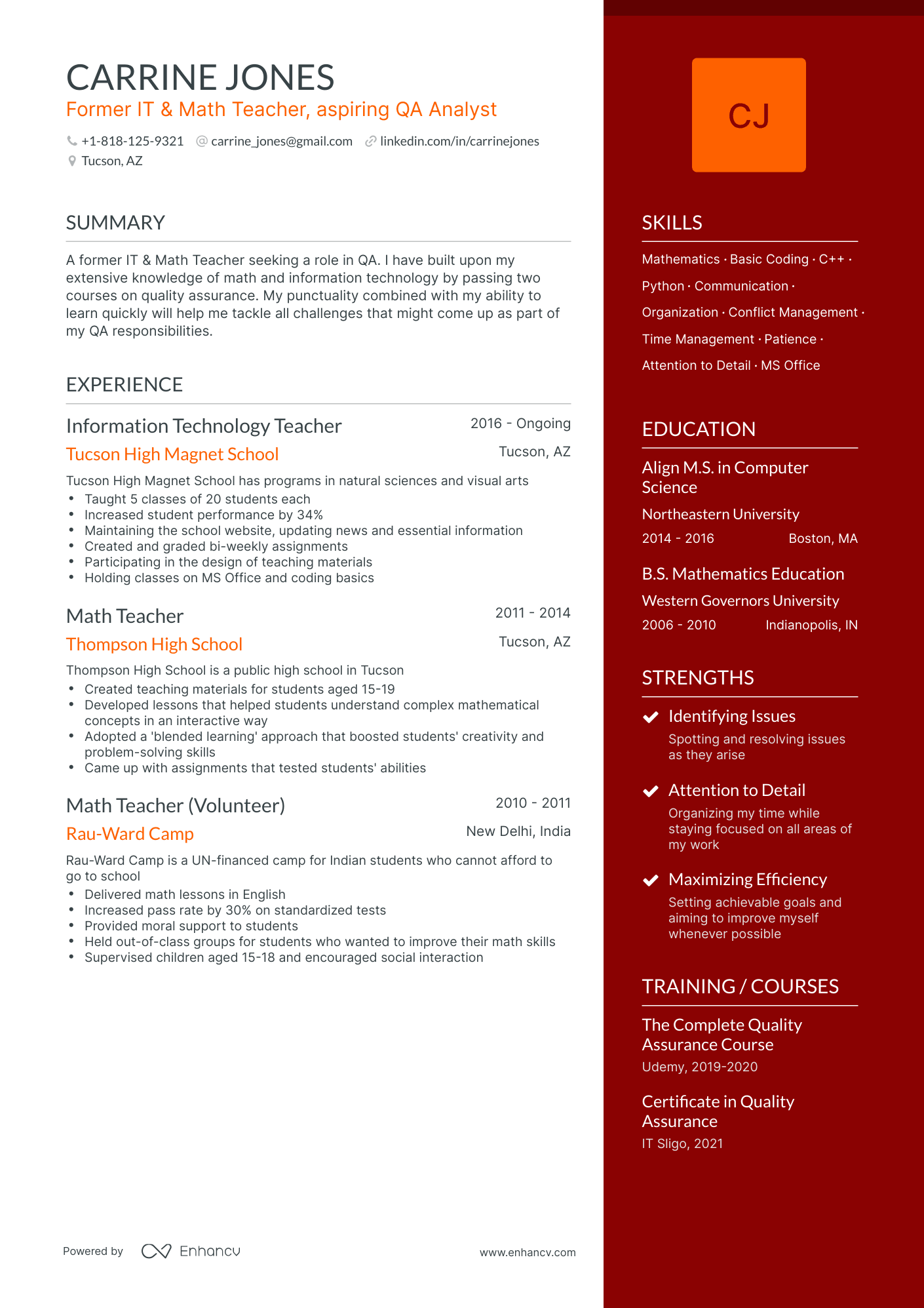 One Page Teacher For Career Change Resume Template