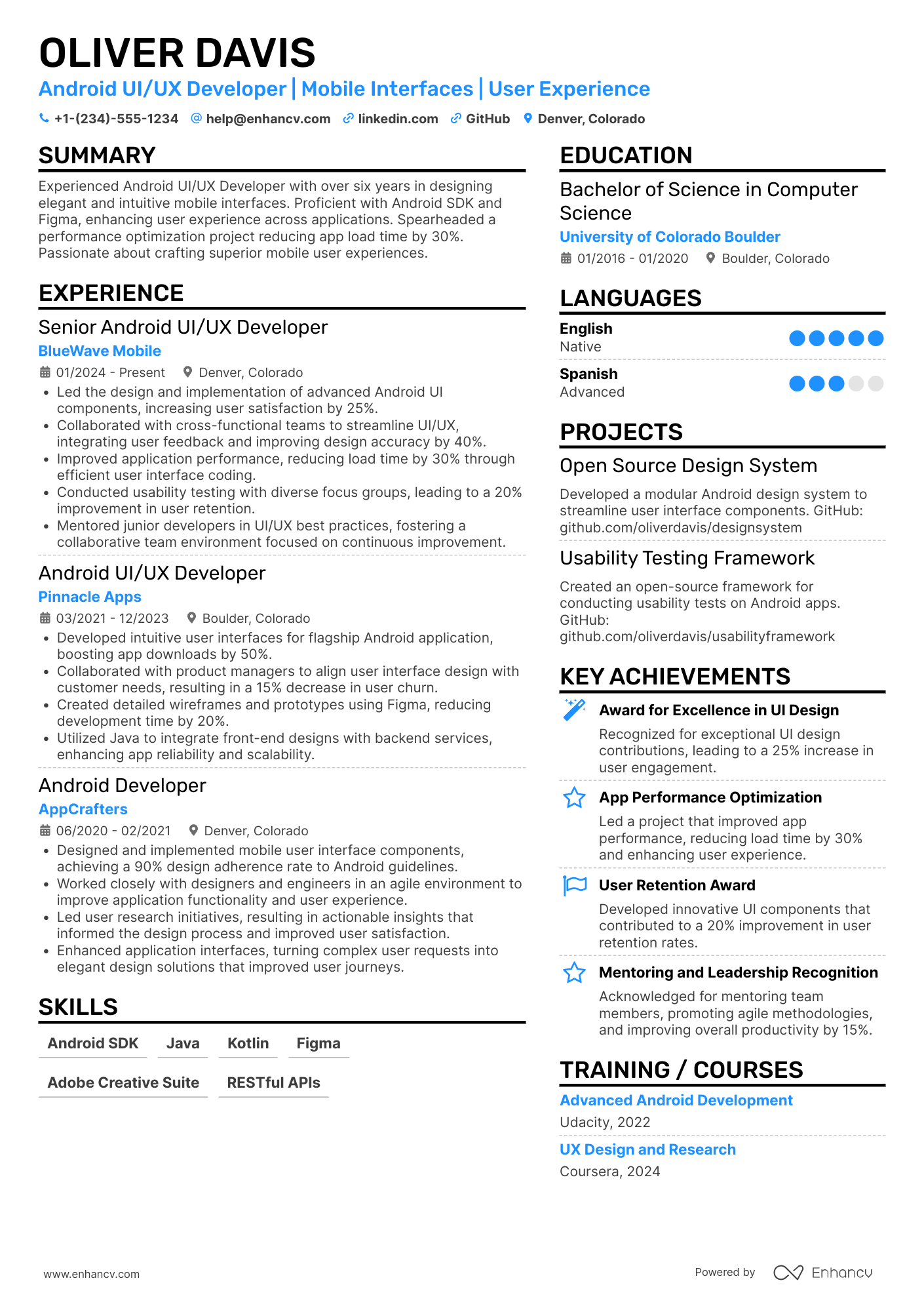 A resume example of a Android UI/UX Developer