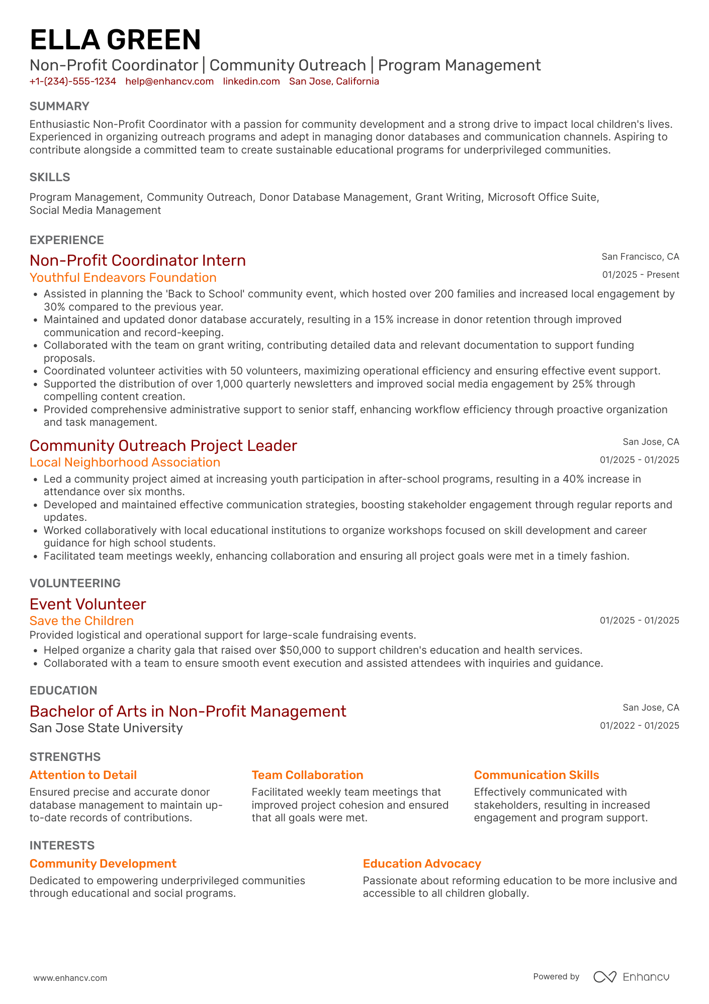 A resume example of a Entry Level Non Profit Coordinator