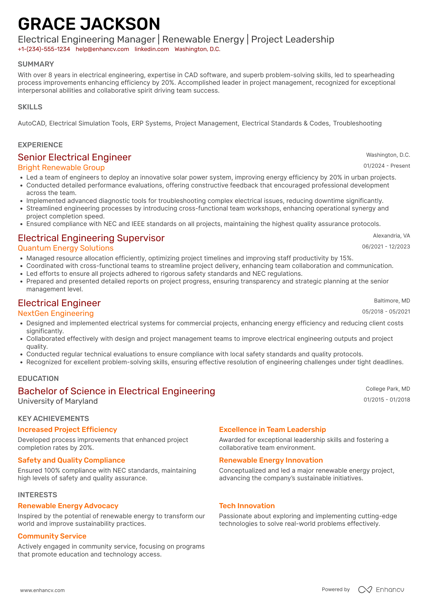 A resume example of a Electrical Engineering Operations Manager